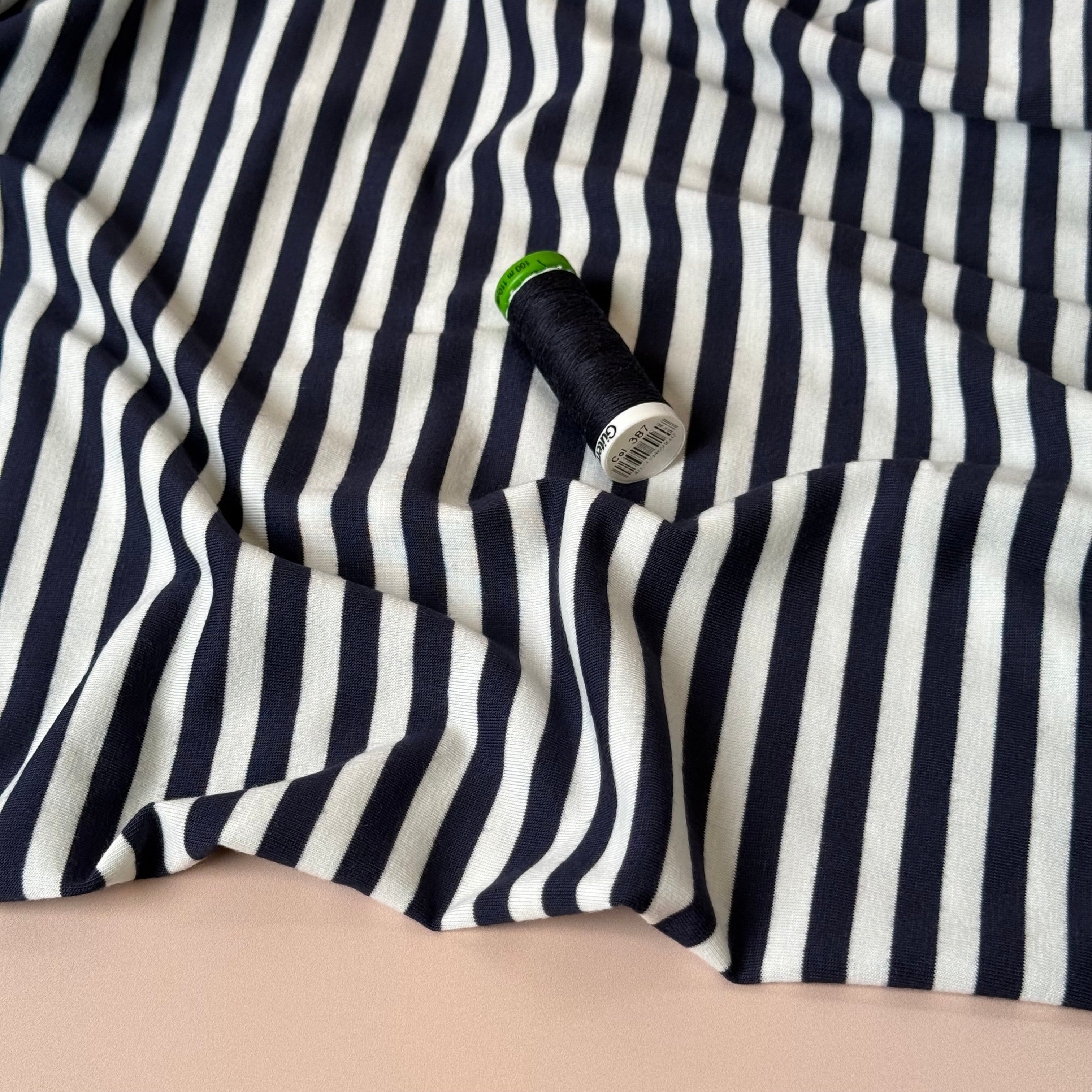 Deadstock Navy & White Stripes Yarn Dyed Viscose Jersey