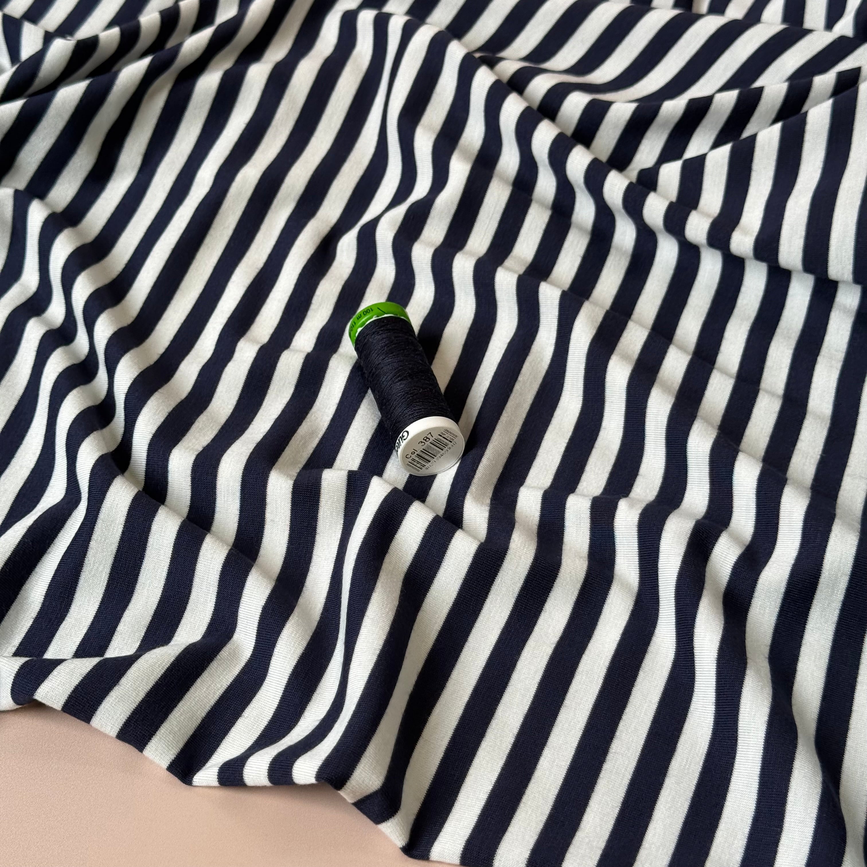 Deadstock Navy & White Stripes Yarn Dyed Viscose Jersey