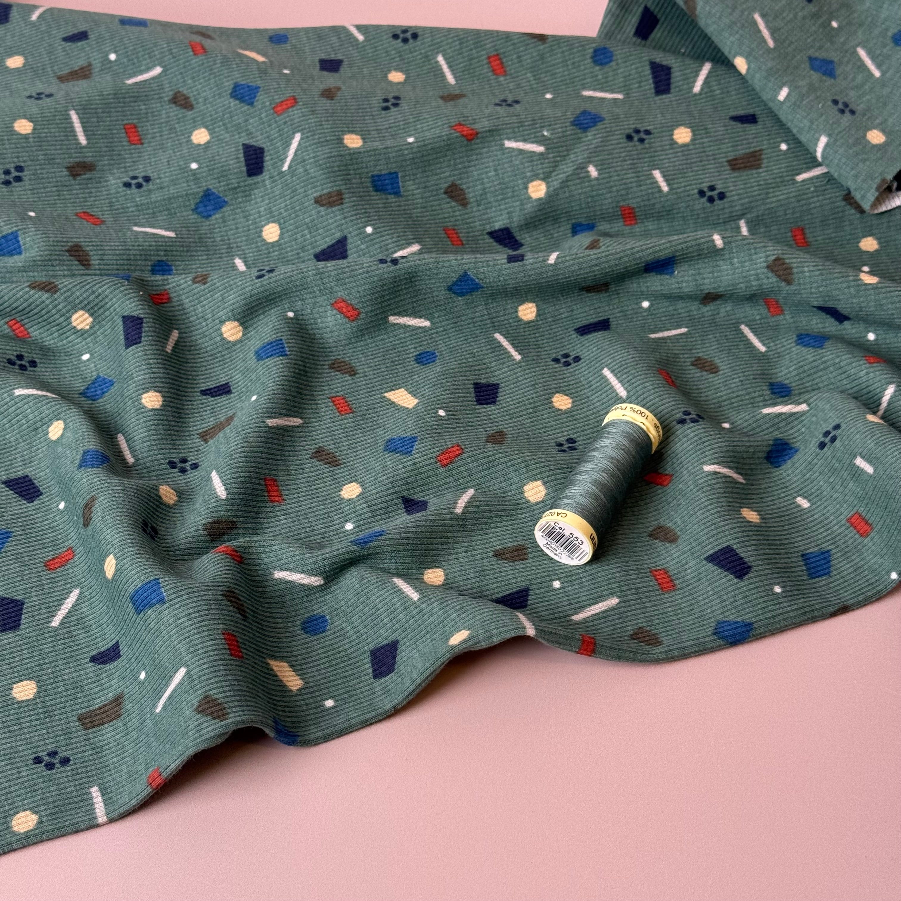 Small Shapes on Green Cotton Ribbed Jersey