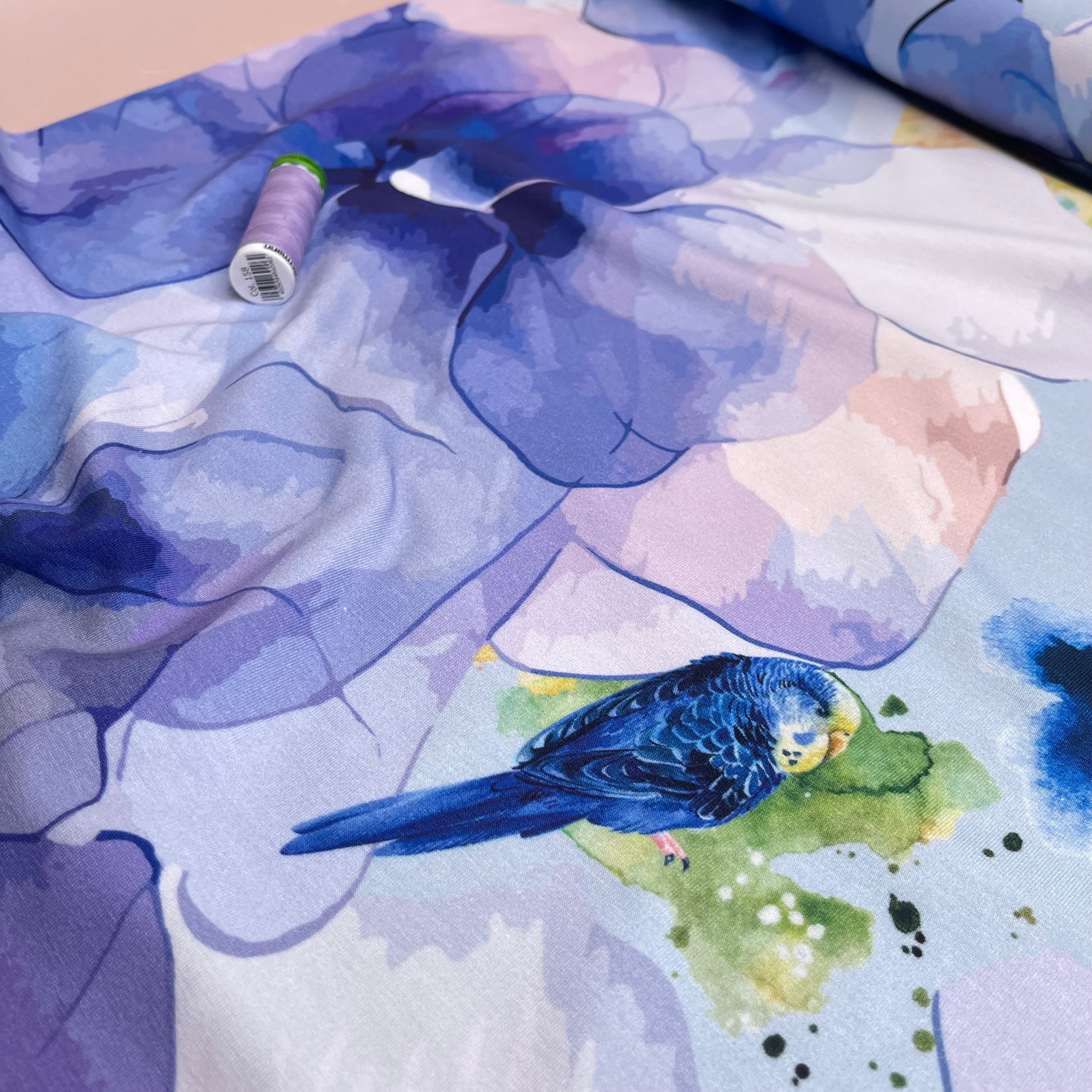 Danish Design - Budgerigar in Blooms Cotton Jersey Fabric