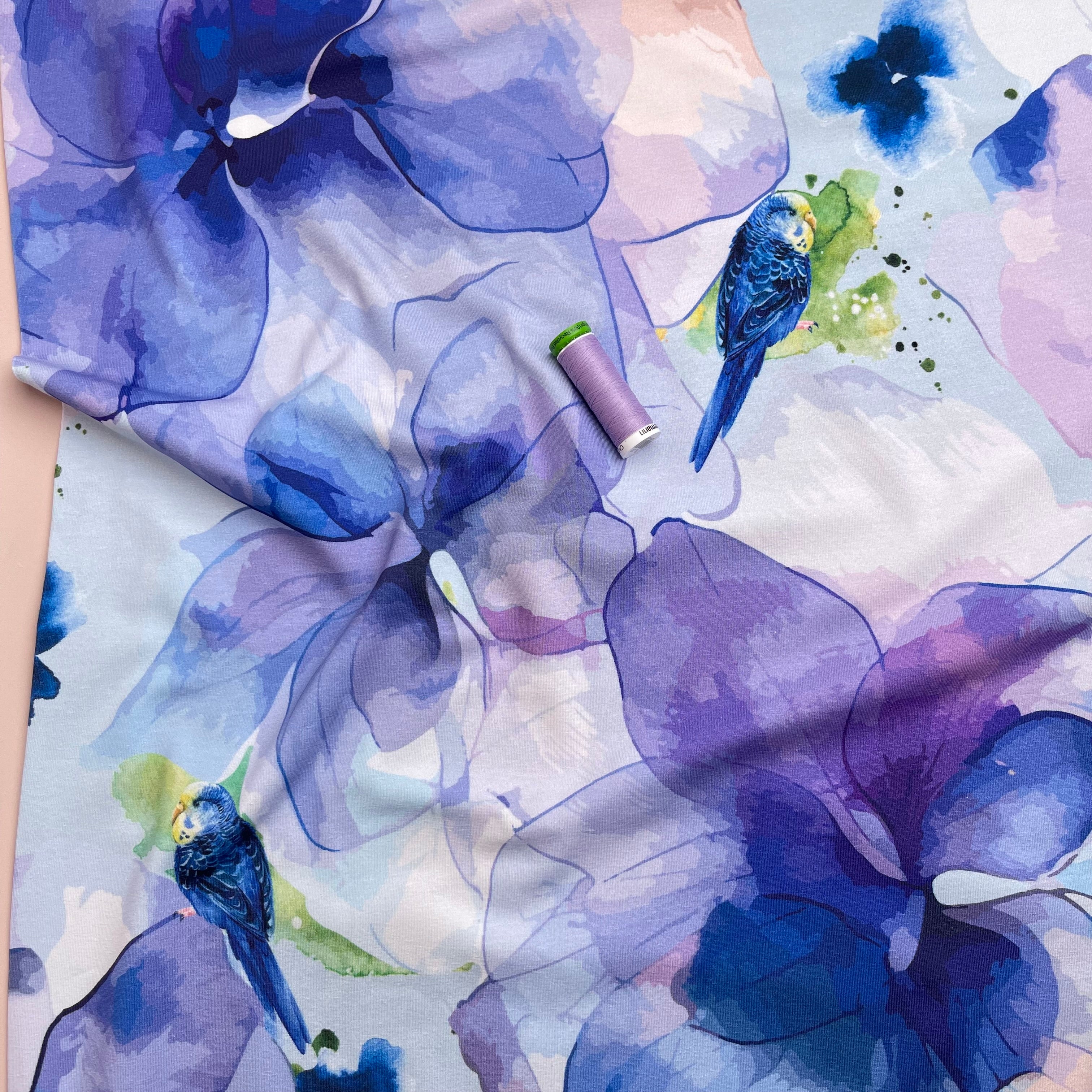 Danish Design - Budgerigar in Blooms Cotton Jersey Fabric