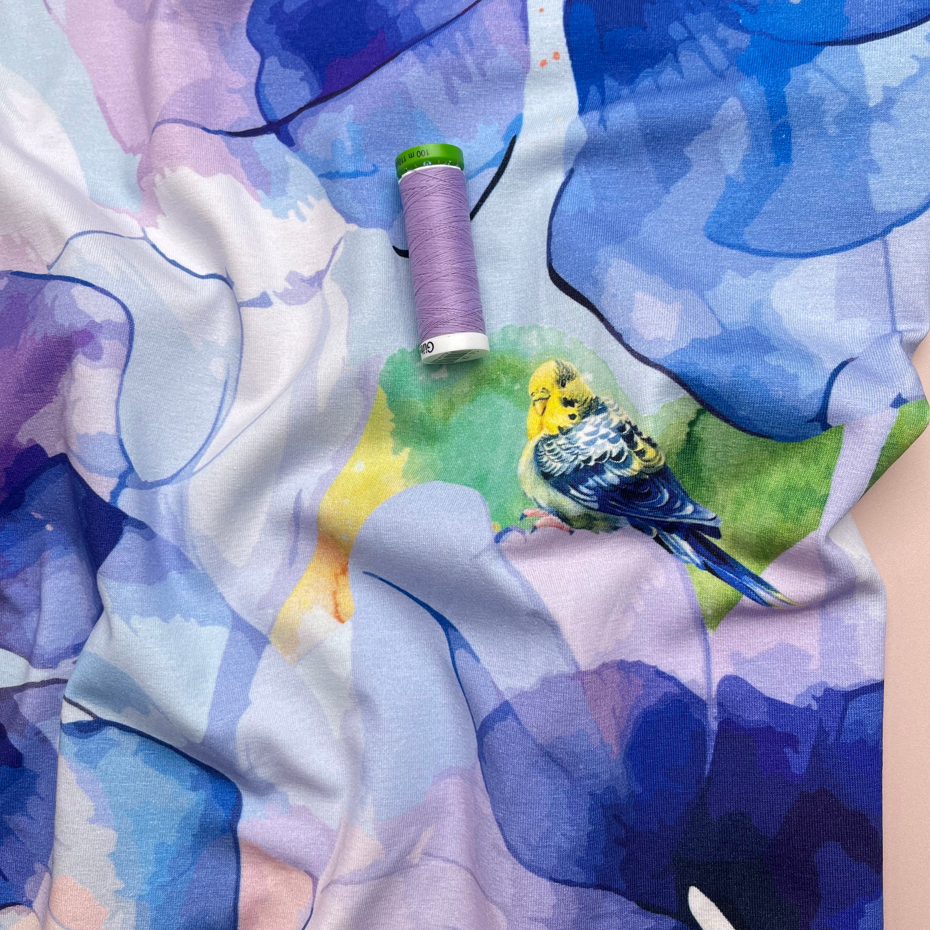 Danish Design - Budgerigar in Blooms Cotton Jersey Fabric