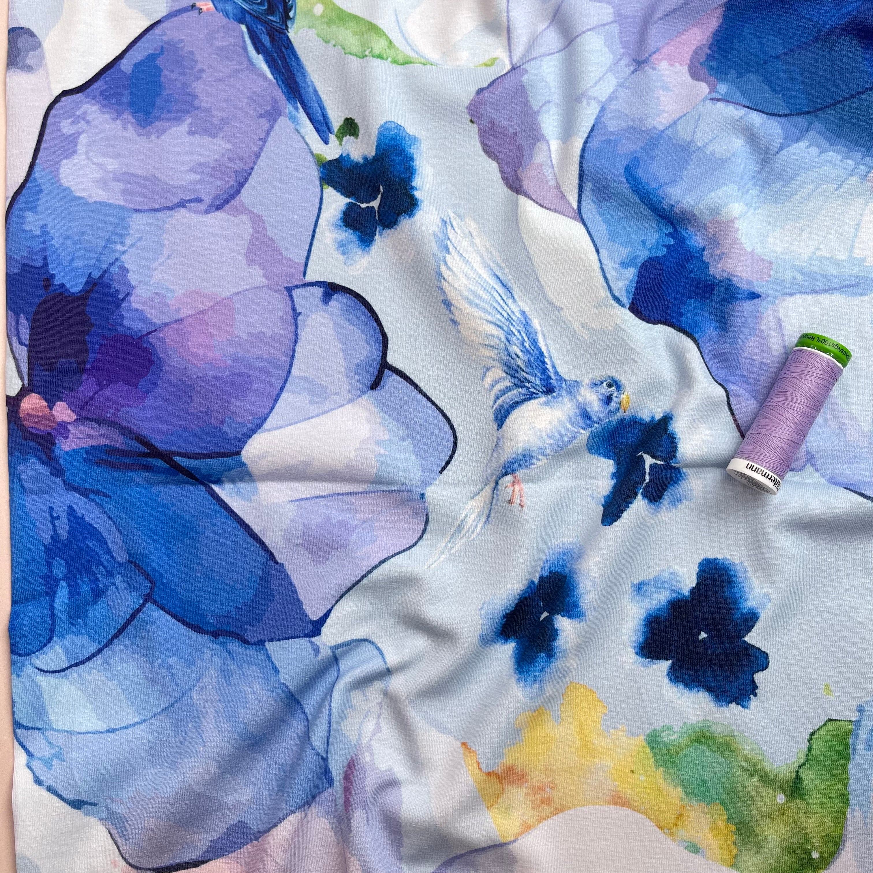 Danish Design - Budgerigar in Blooms Cotton Jersey Fabric