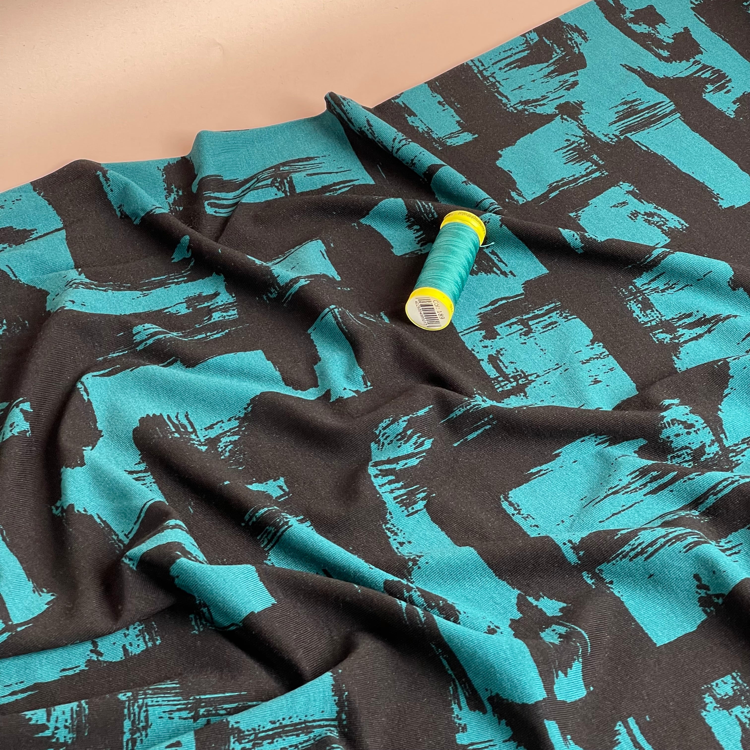 REMNANT 0.45 Metres (plus free section with fault) Labyrinth in Petrol De Luxe Viscose Jersey Fabric