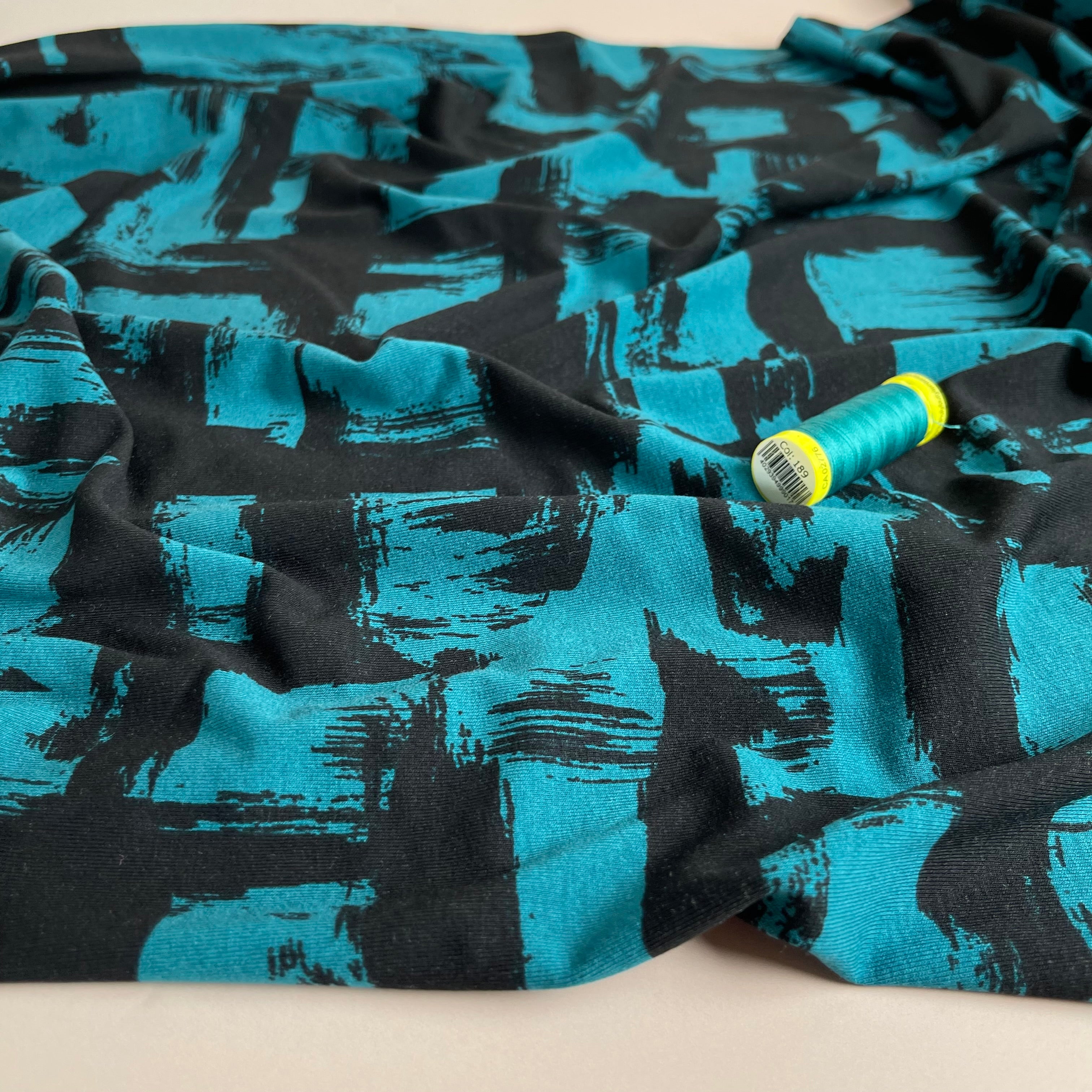 REMNANT 0.45 Metres (plus free section with fault) Labyrinth in Petrol De Luxe Viscose Jersey Fabric
