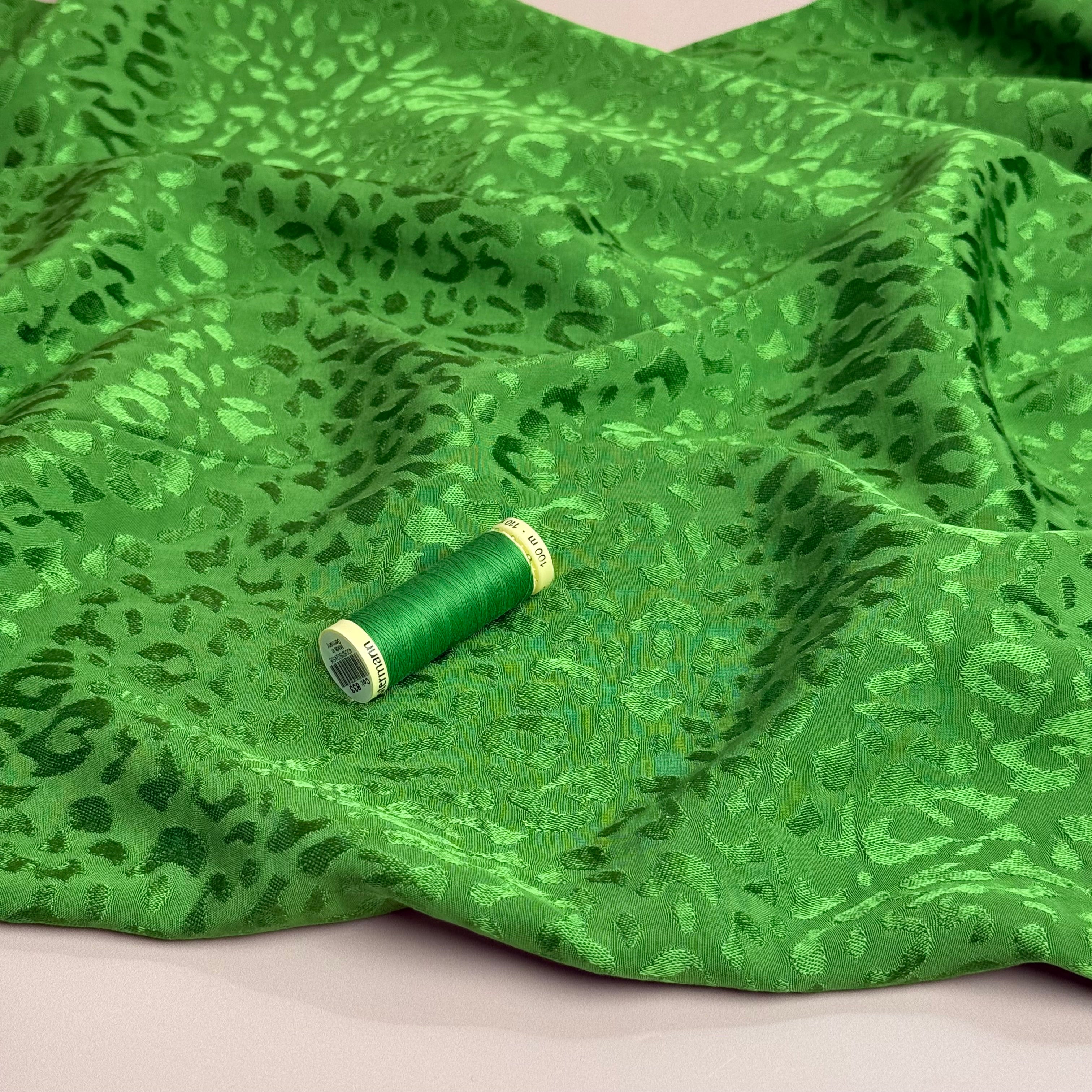 Grass Green with Animal Print Viscose Jacquard Sateen