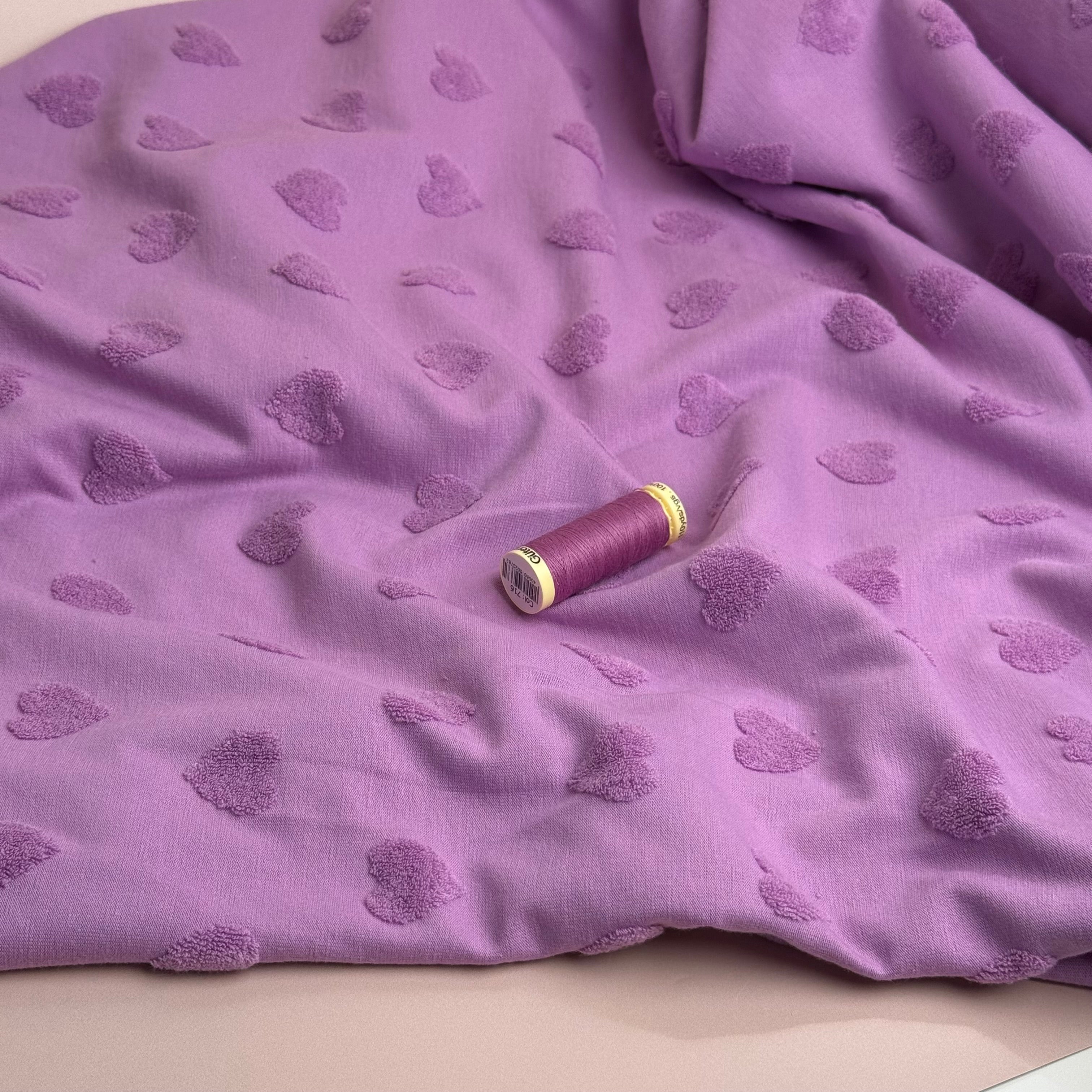 REMNANT 0.65 Metre - Hearts Cotton Towelling Jacquard in Lilac