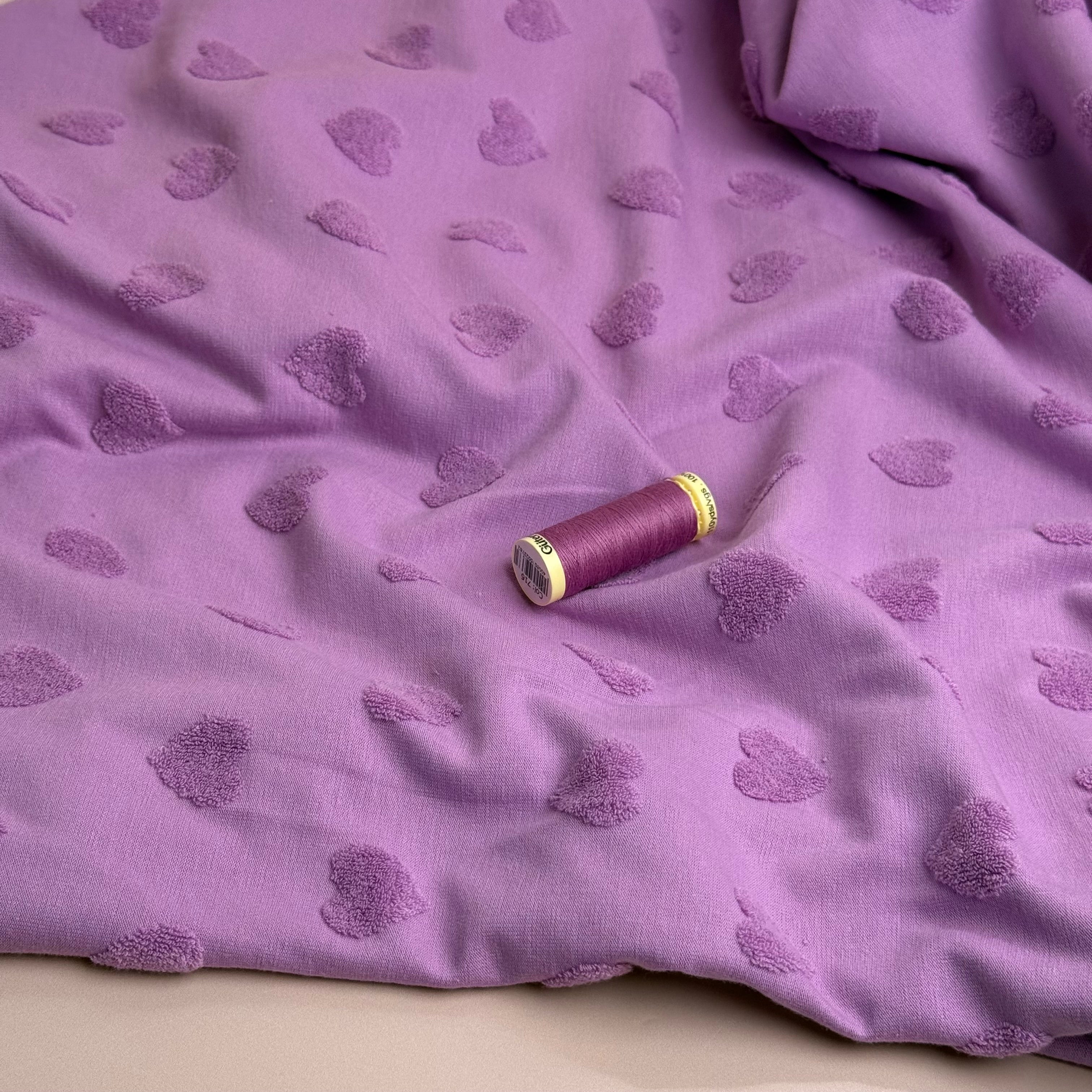 REMNANT 0.65 Metre - Hearts Cotton Towelling Jacquard in Lilac