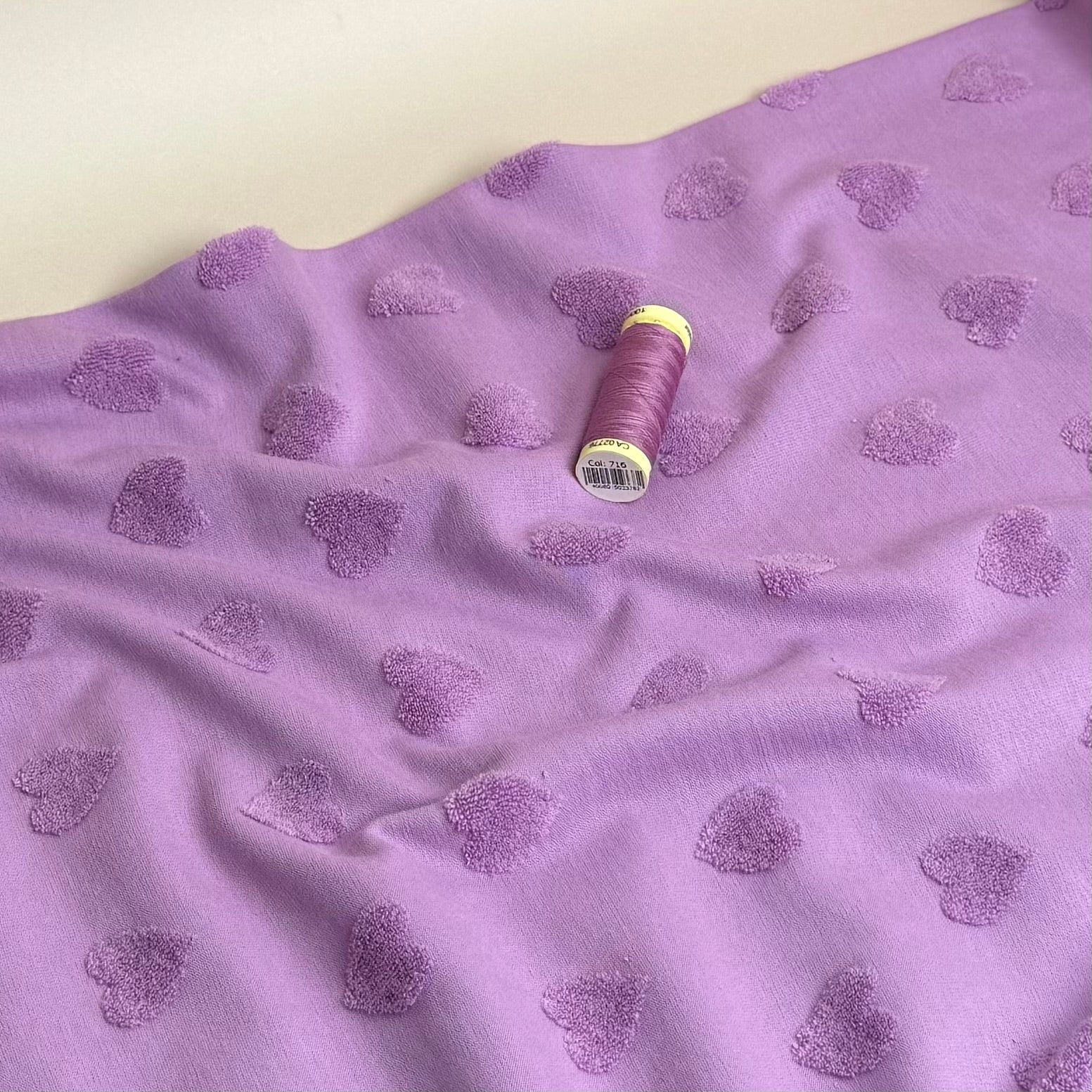 REMNANT 0.65 Metre - Hearts Cotton Towelling Jacquard in Lilac