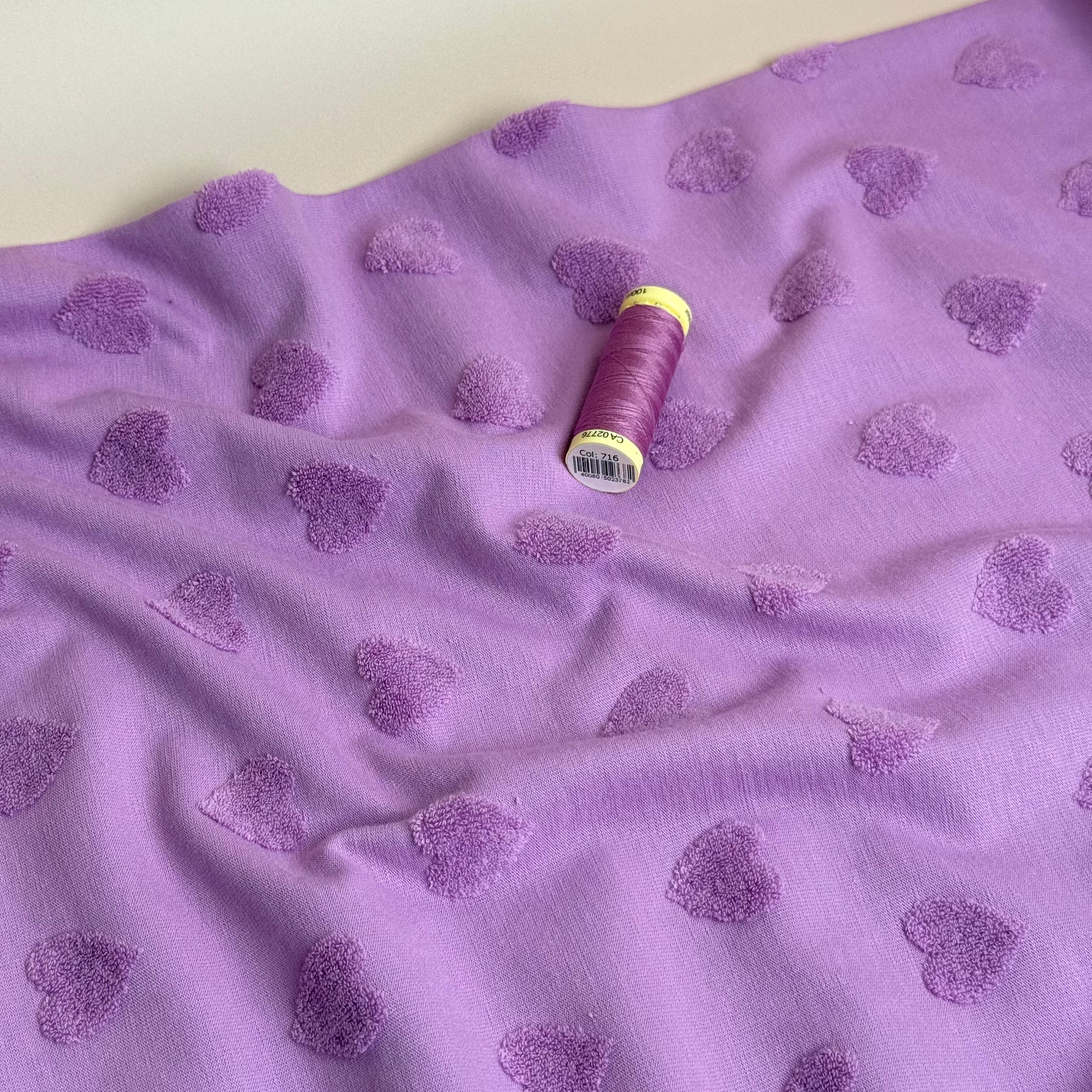 REMNANT 0.65 Metre - Hearts Cotton Towelling Jacquard in Lilac