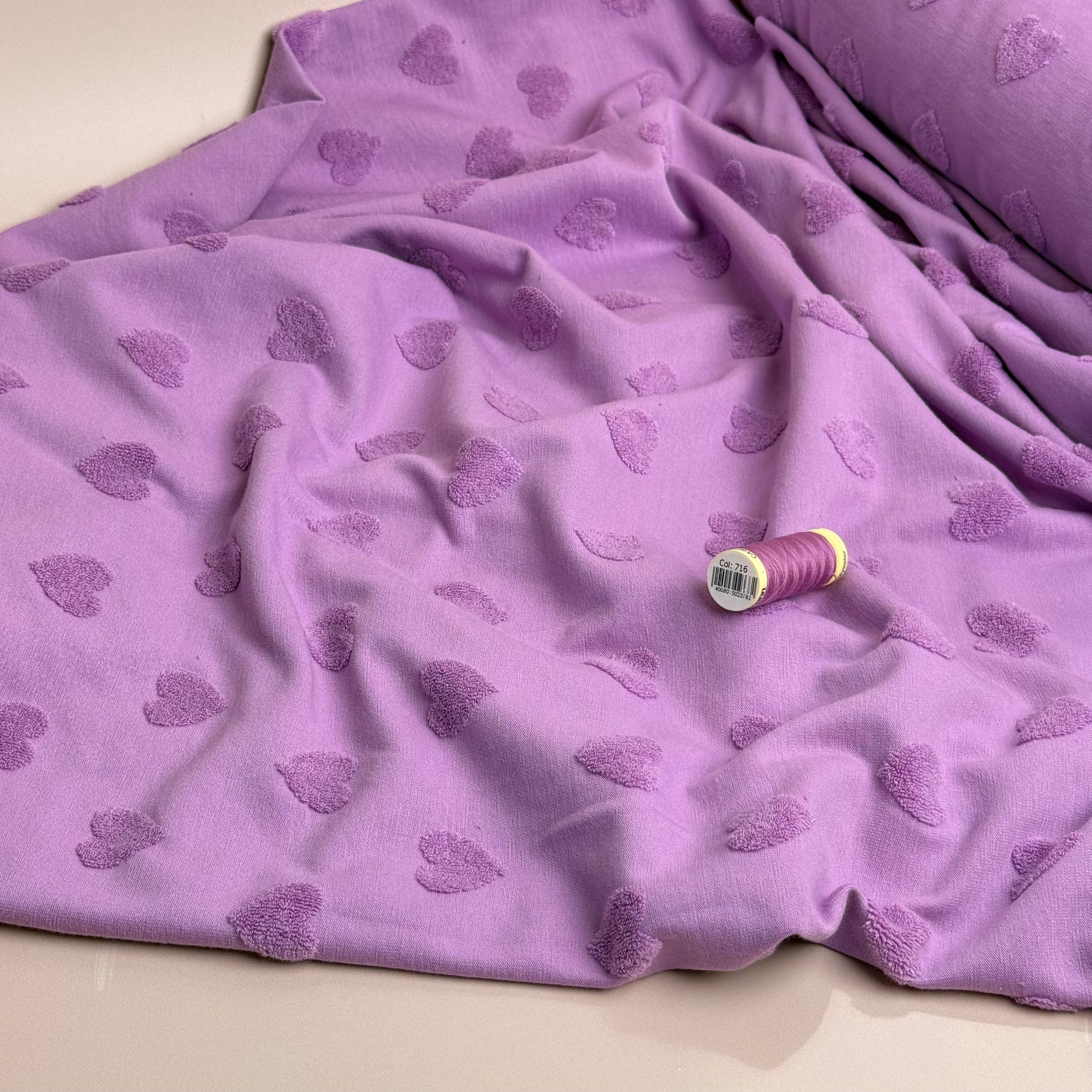 REMNANT 0.65 Metre - Hearts Cotton Towelling Jacquard in Lilac