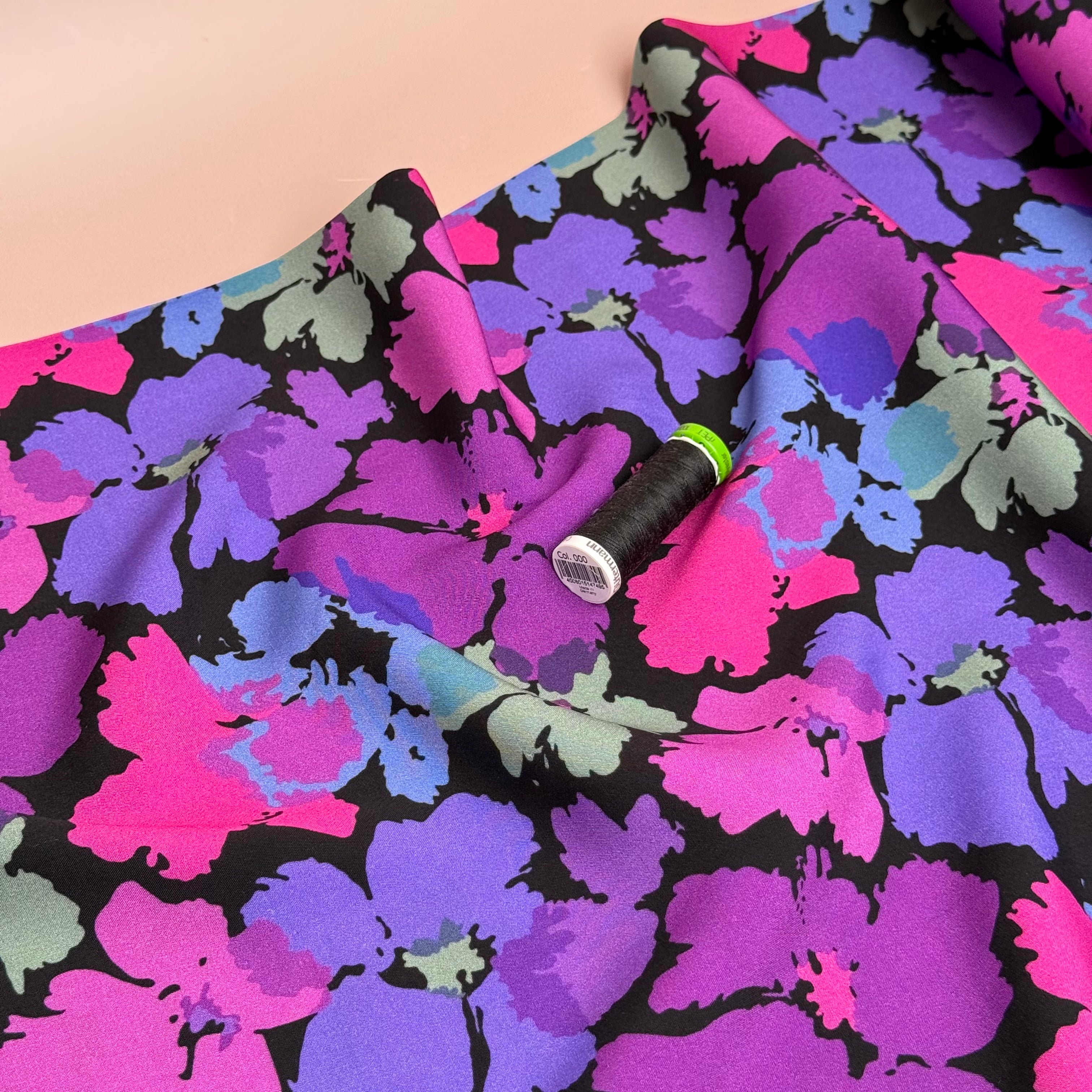 Pansies Purple Viscose Fabric