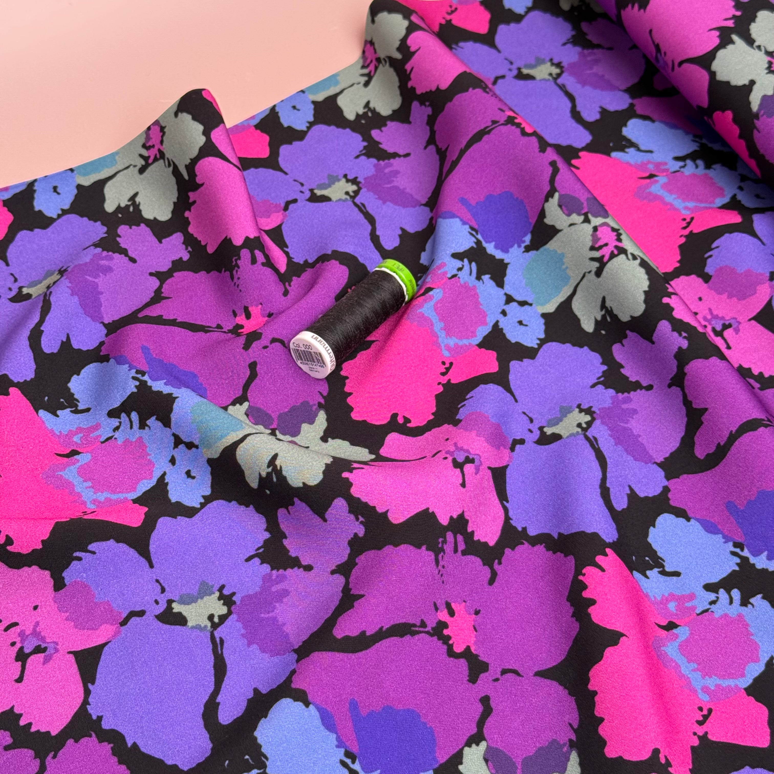 Pansies Purple Viscose Fabric