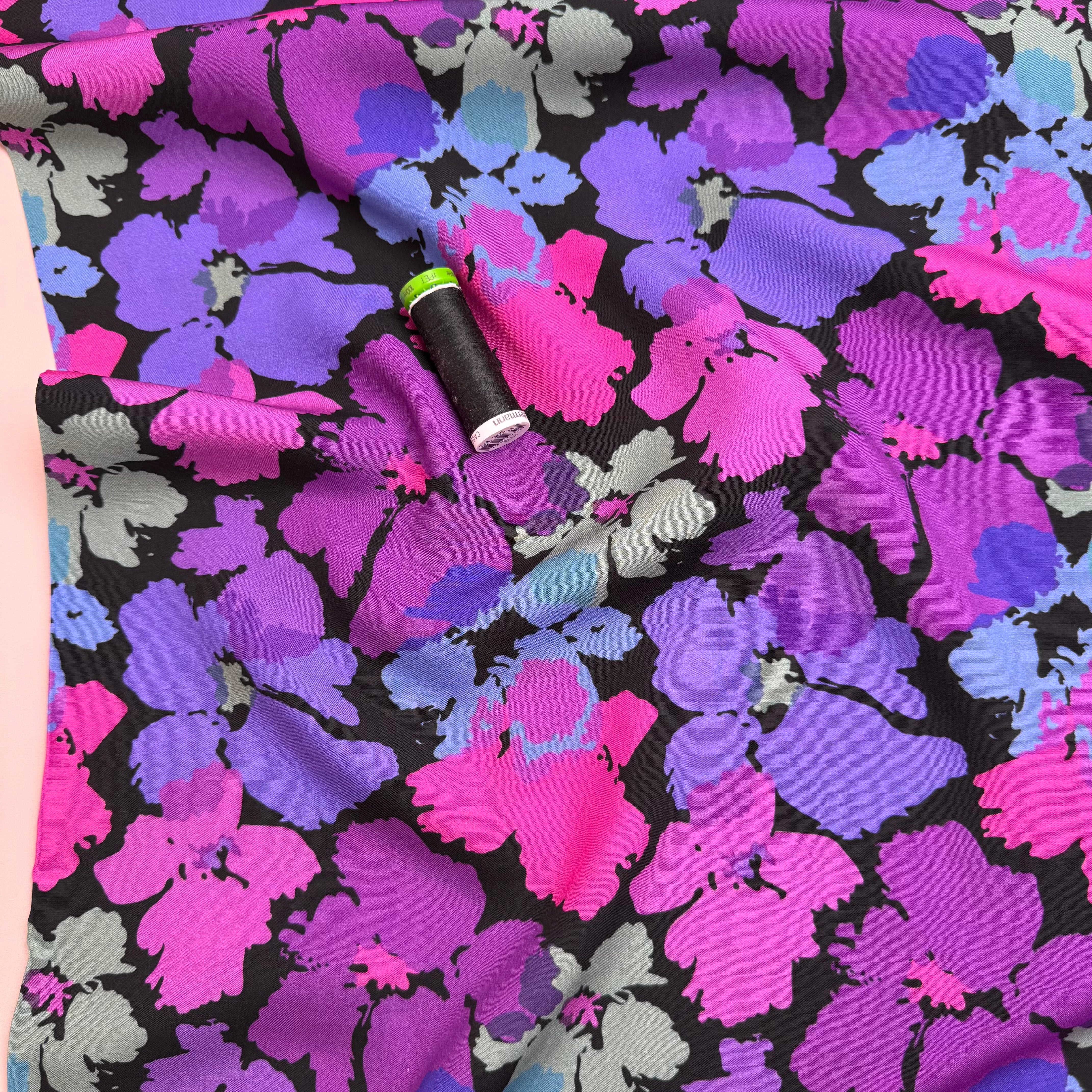 Pansies Purple Viscose Fabric