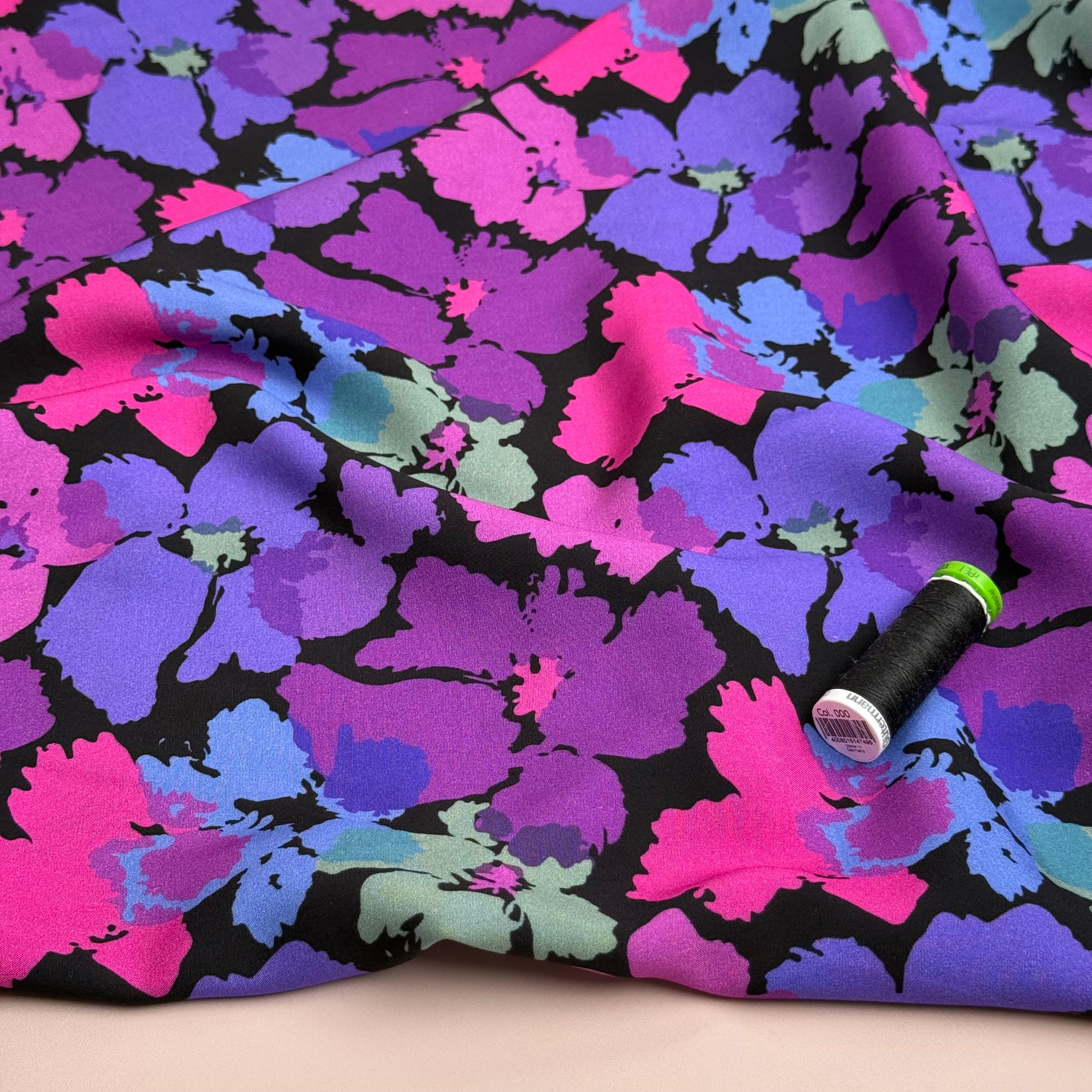Pansies Purple Viscose Fabric
