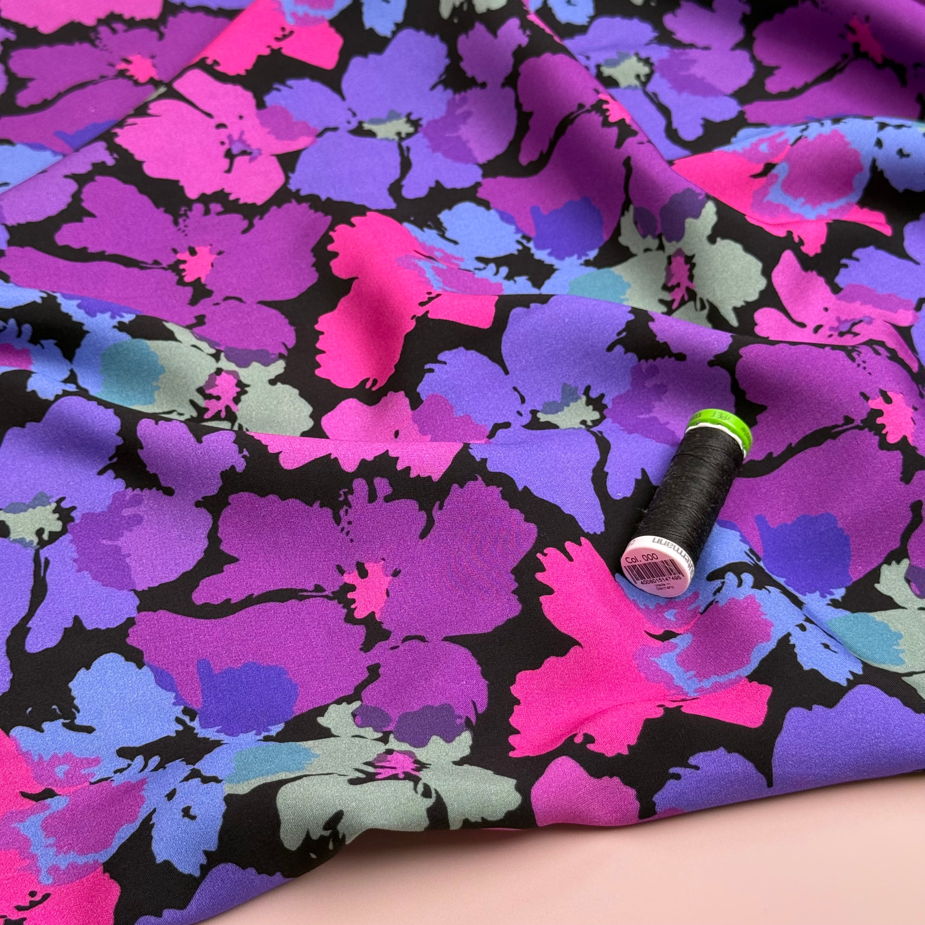 Pansies Purple Viscose Fabric