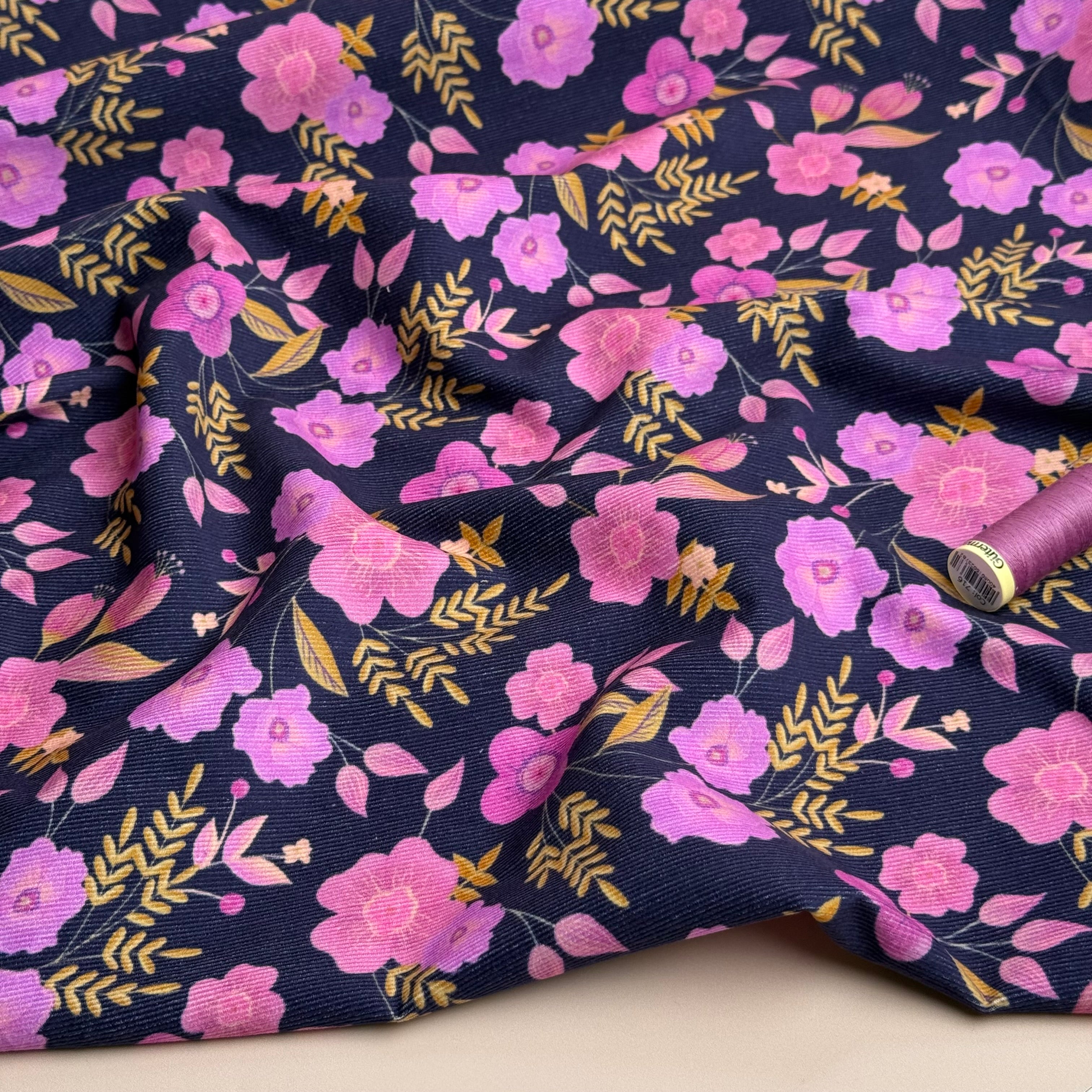 REMNANT 1 Metre - Pink Flowers on Navy Cotton Needlecord