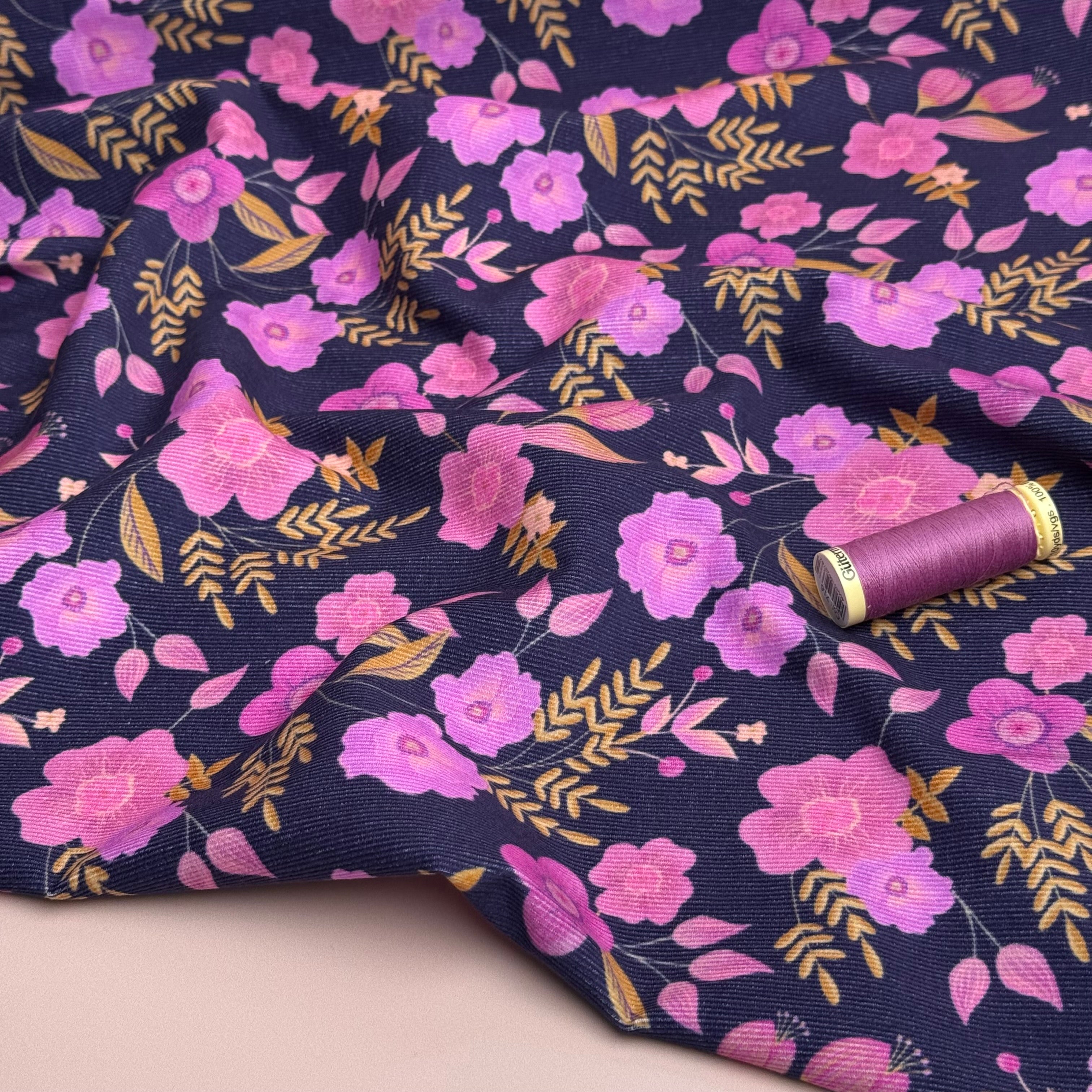 REMNANT 1 Metre - Pink Flowers on Navy Cotton Needlecord