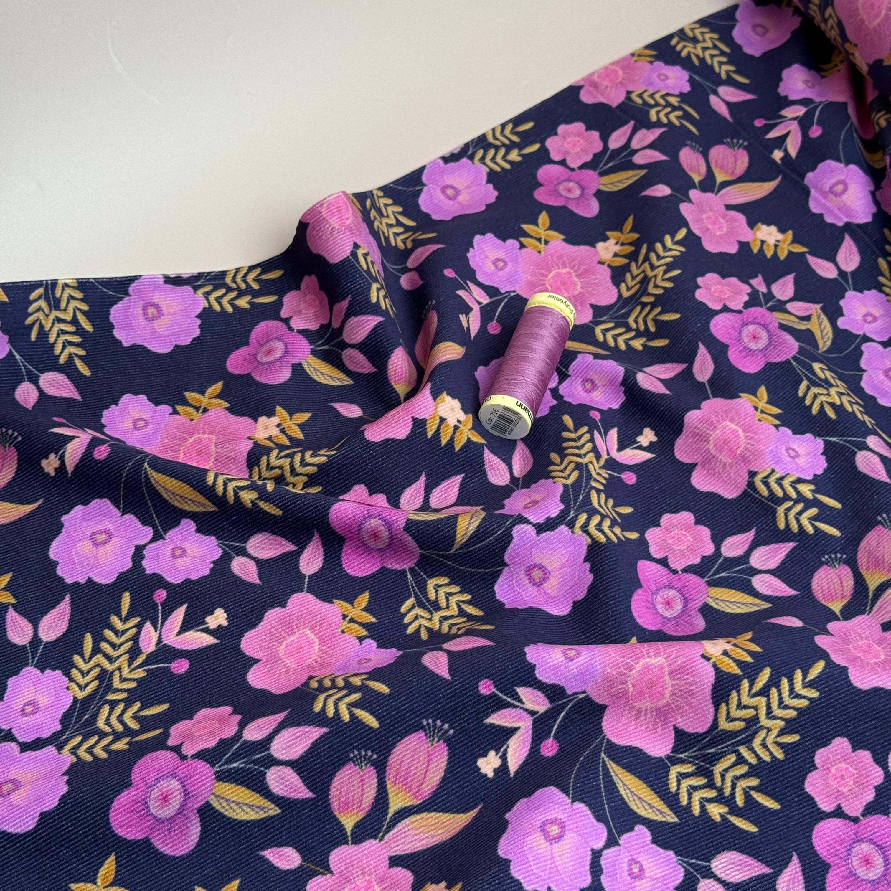 REMNANT 1 Metre - Pink Flowers on Navy Cotton Needlecord