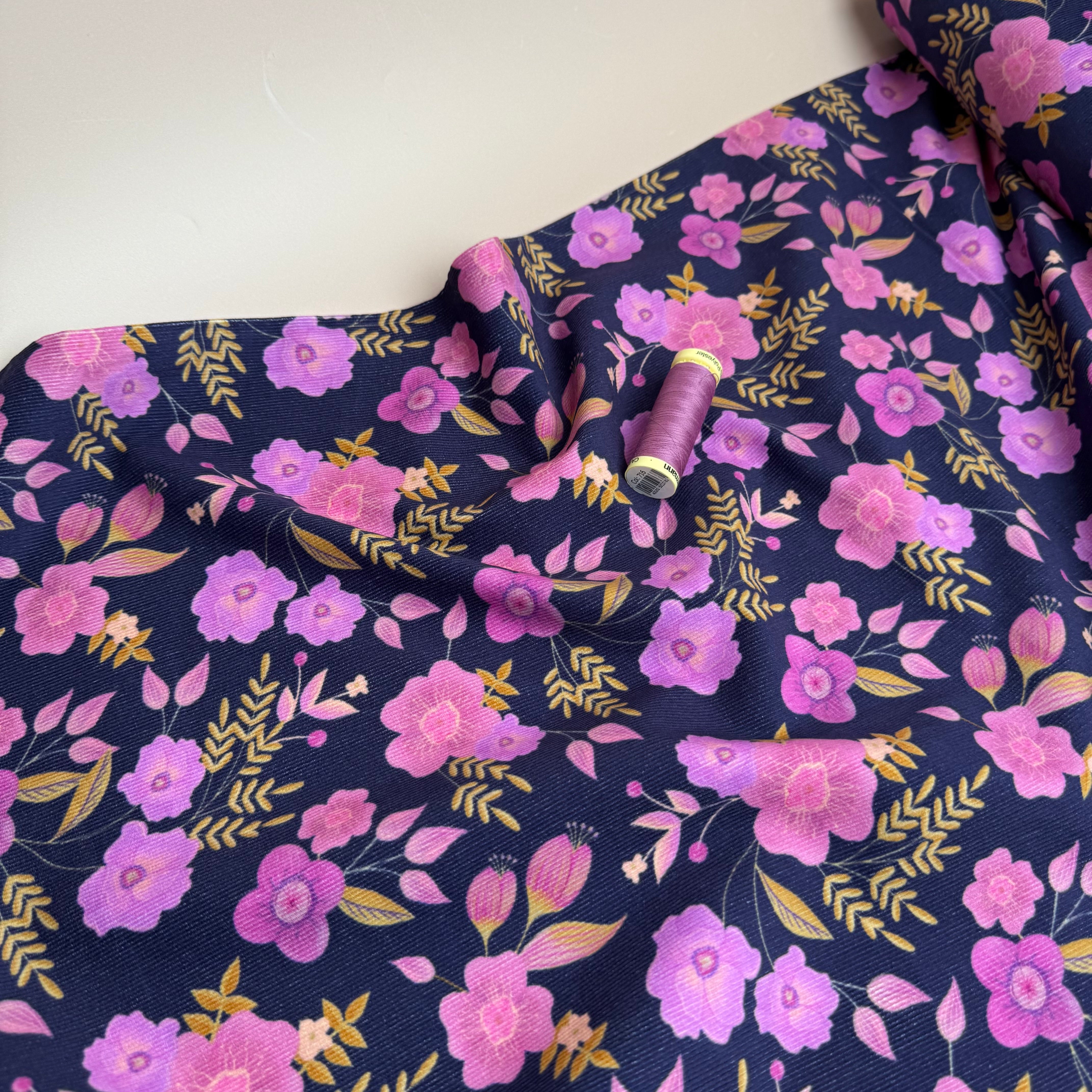 REMNANT 1 Metre - Pink Flowers on Navy Cotton Needlecord