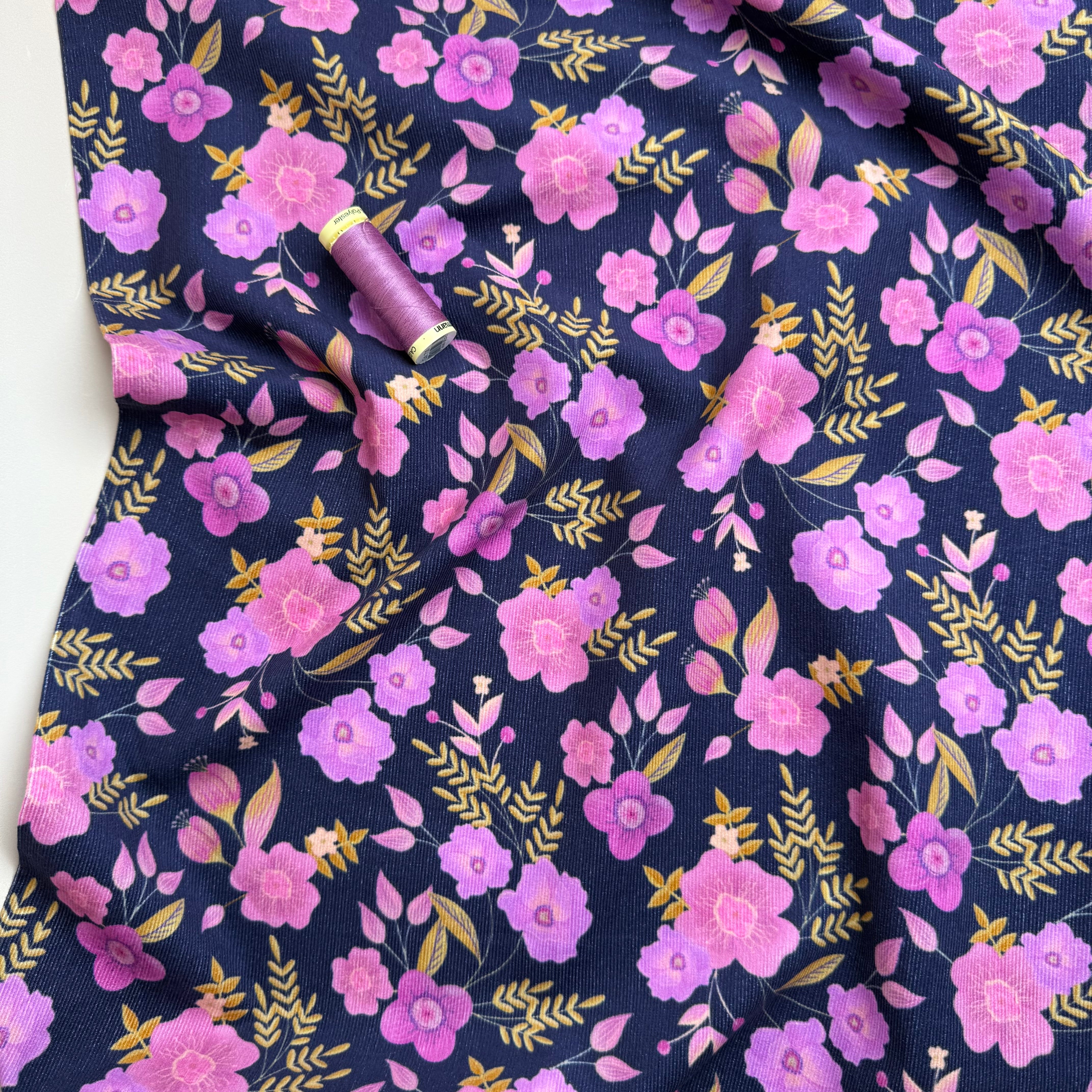 REMNANT 1 Metre - Pink Flowers on Navy Cotton Needlecord