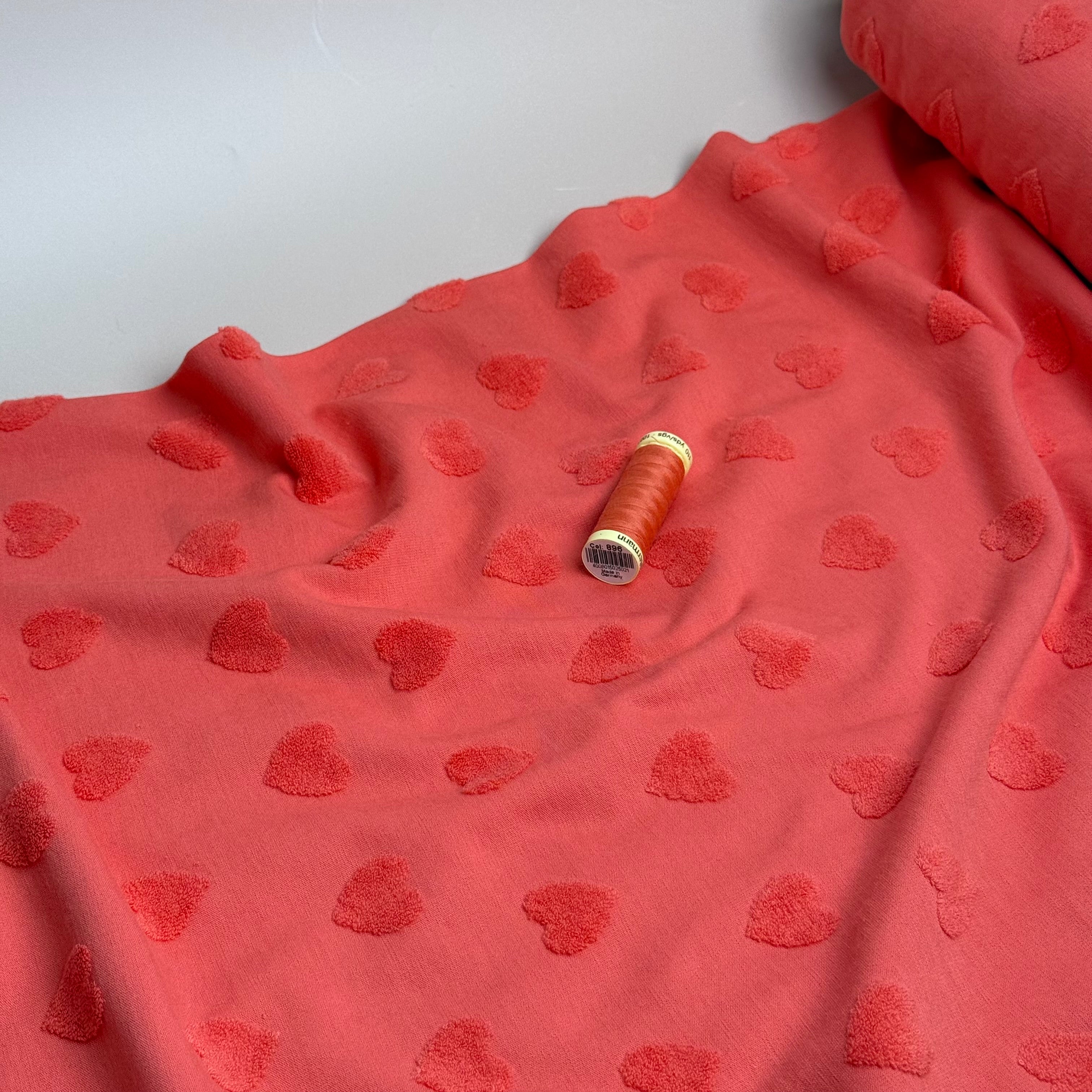 Hearts Cotton Towelling Jacquard in Coral