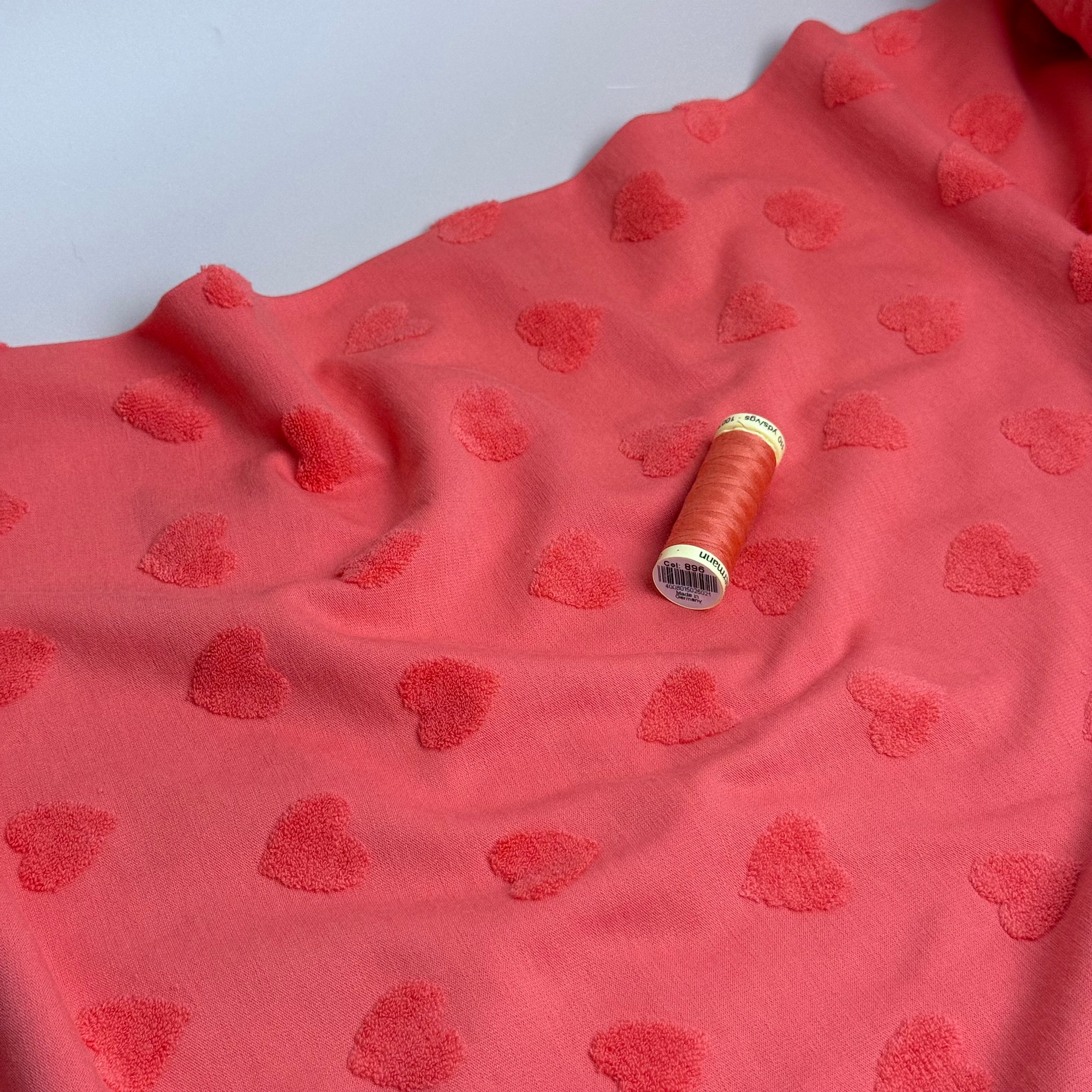 Hearts Cotton Towelling Jacquard in Coral