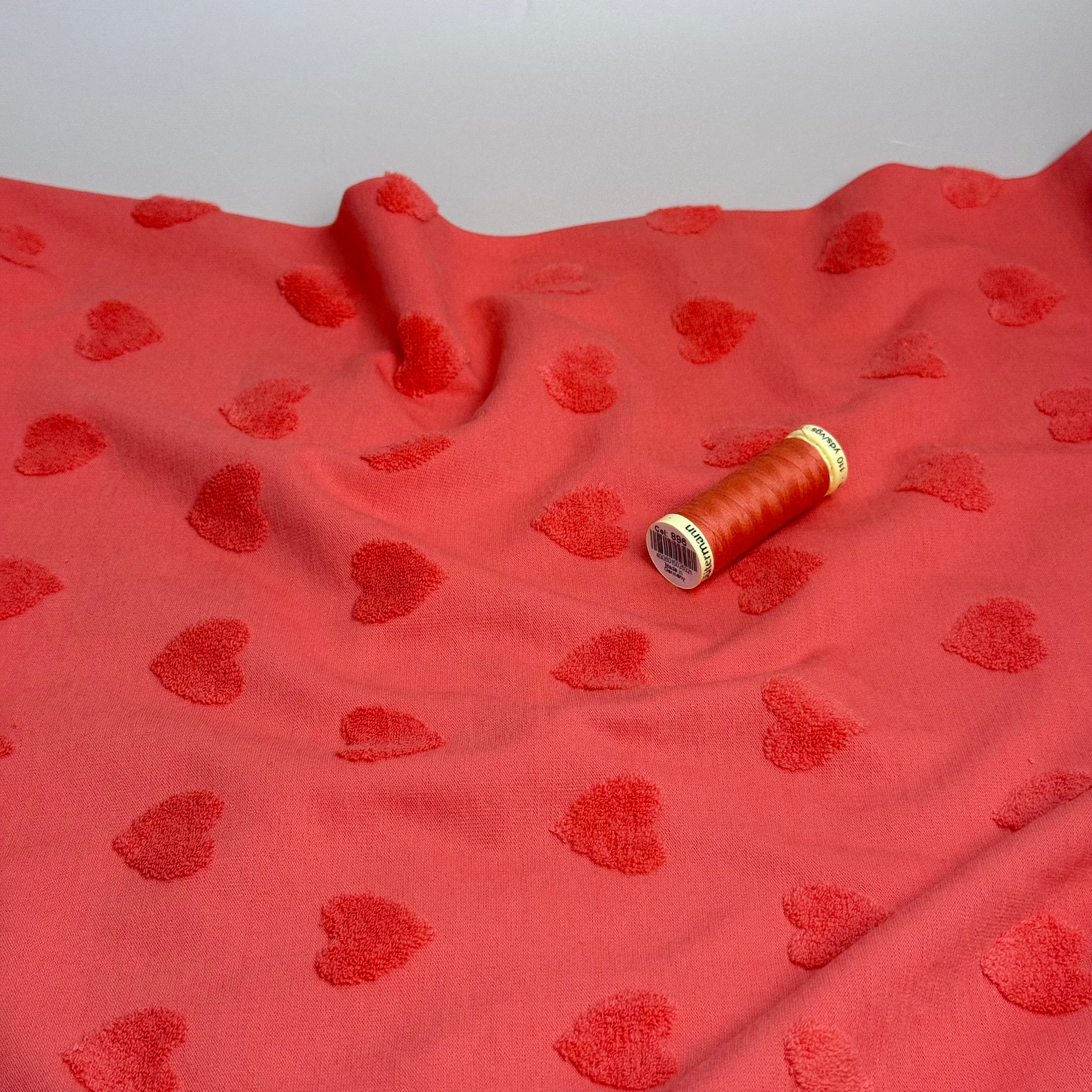 Hearts Cotton Towelling Jacquard in Coral