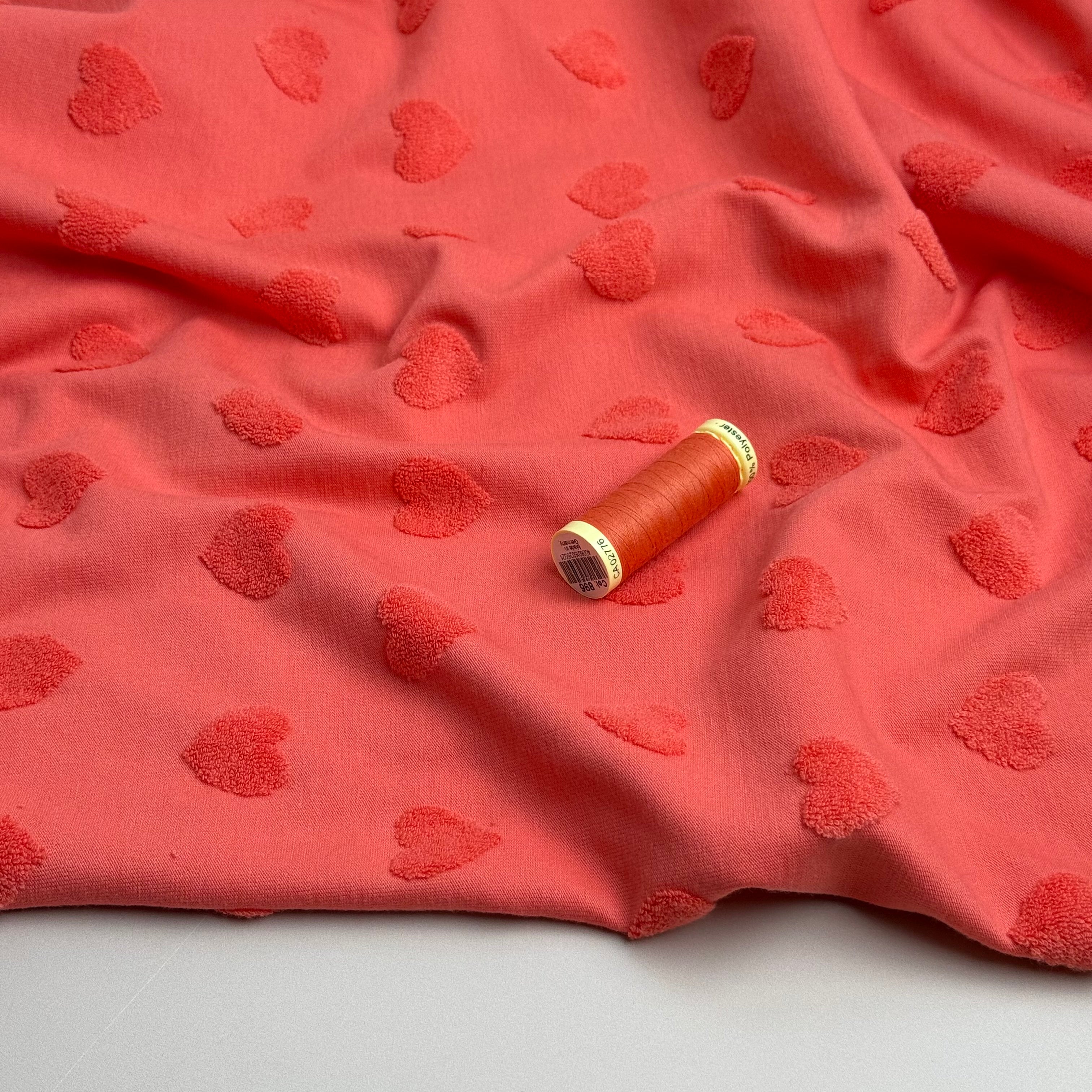 Hearts Cotton Towelling Jacquard in Coral