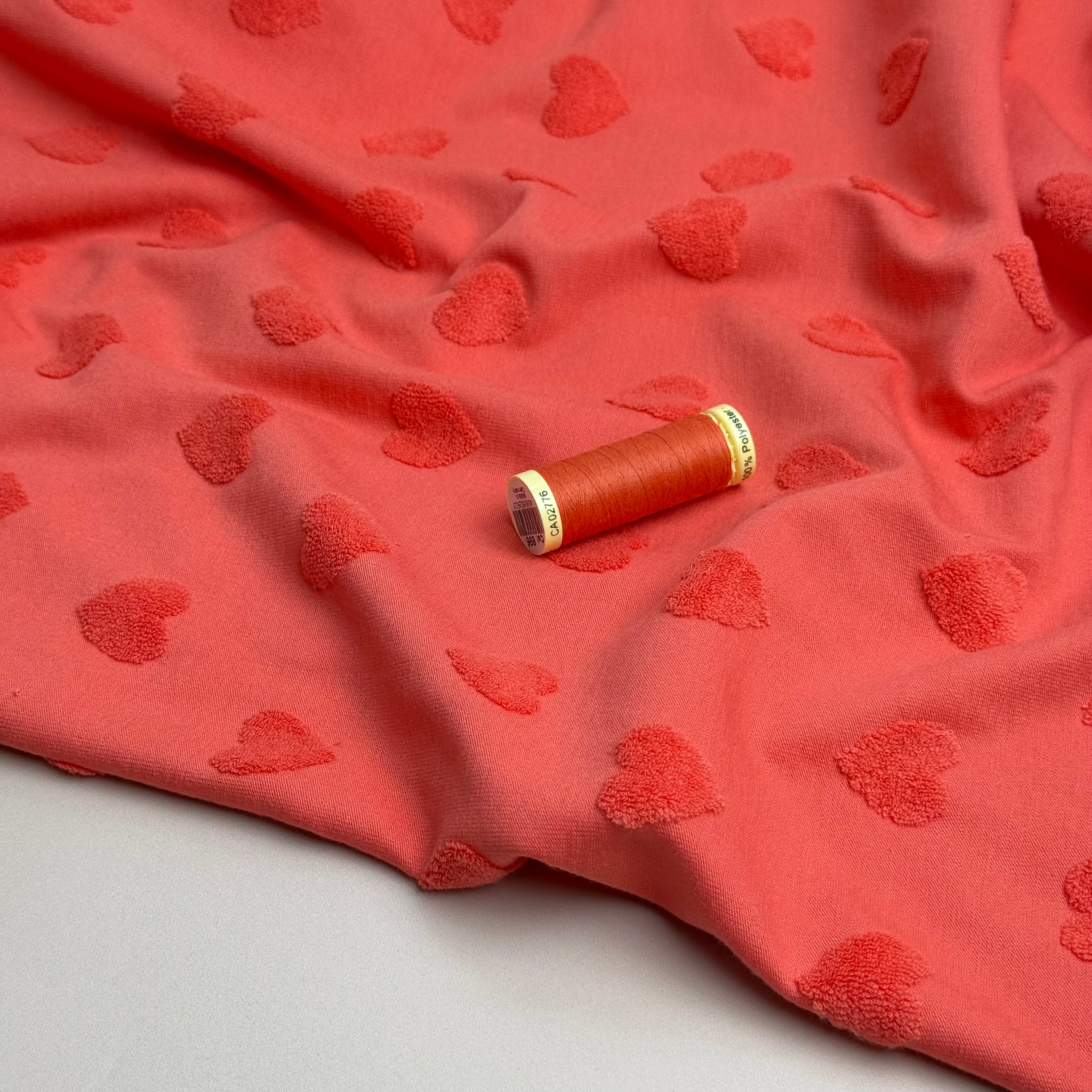 Hearts Cotton Towelling Jacquard in Coral