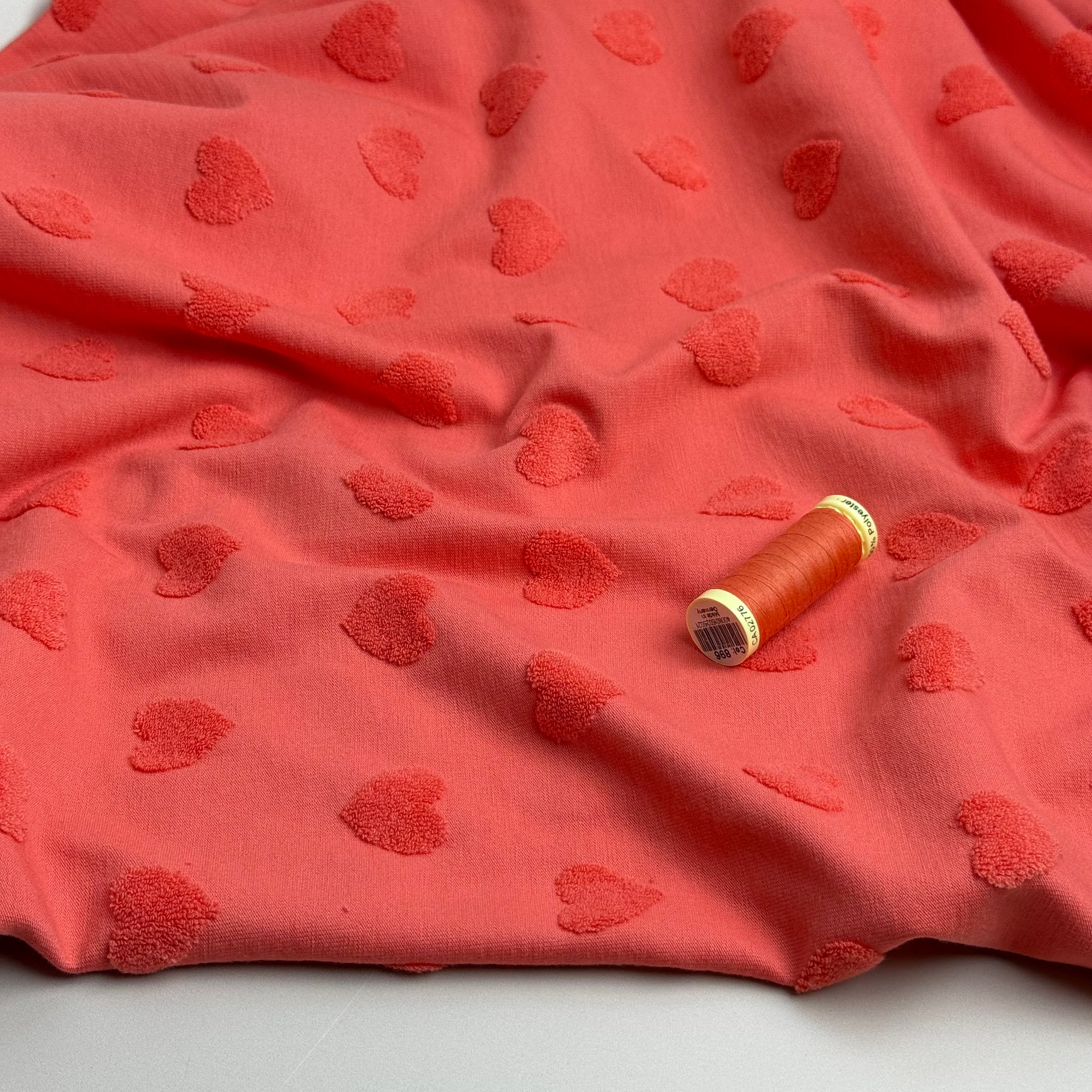 Hearts Cotton Towelling Jacquard in Coral