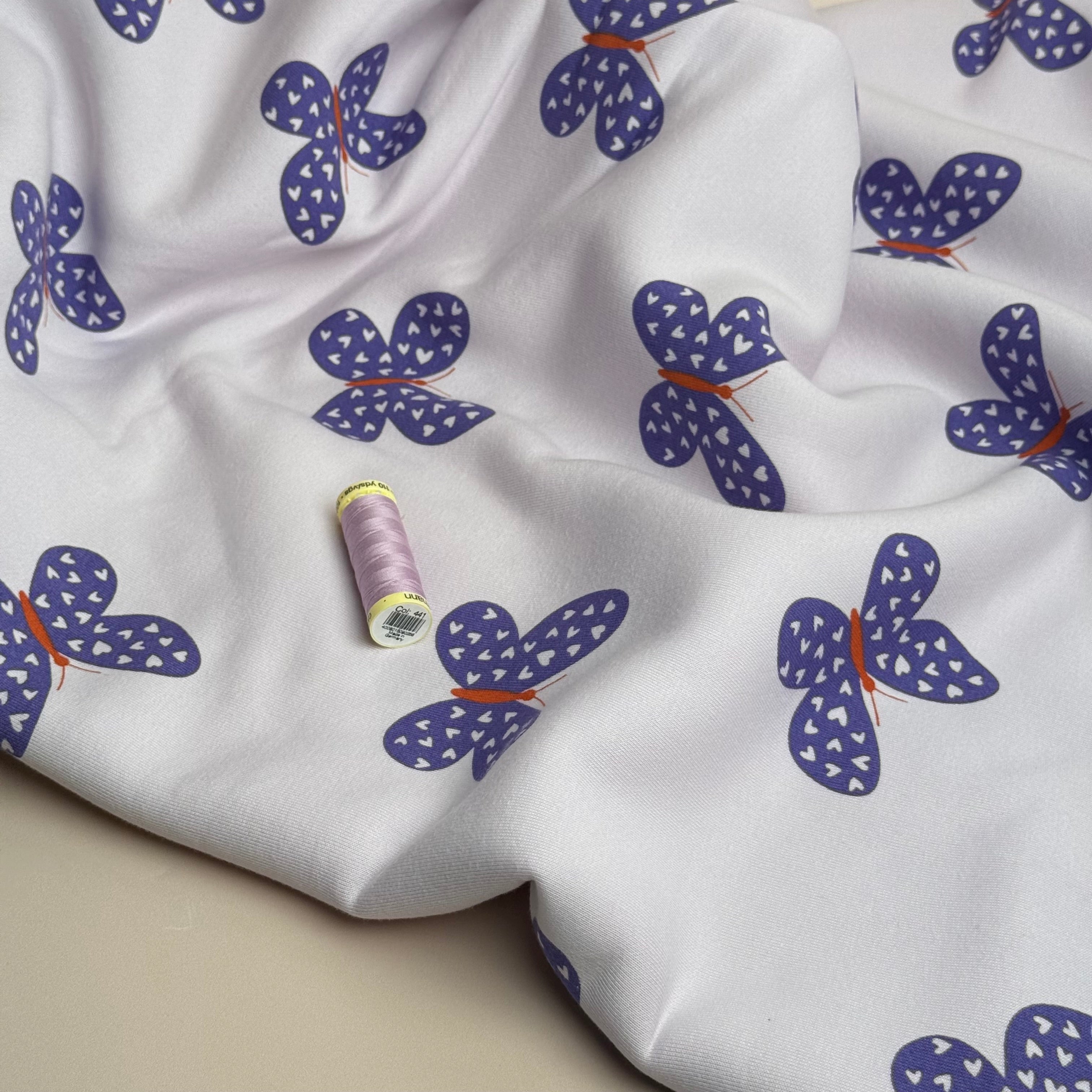 Butterflies on Lilac Soft Cotton Sweat-shirting Fabric