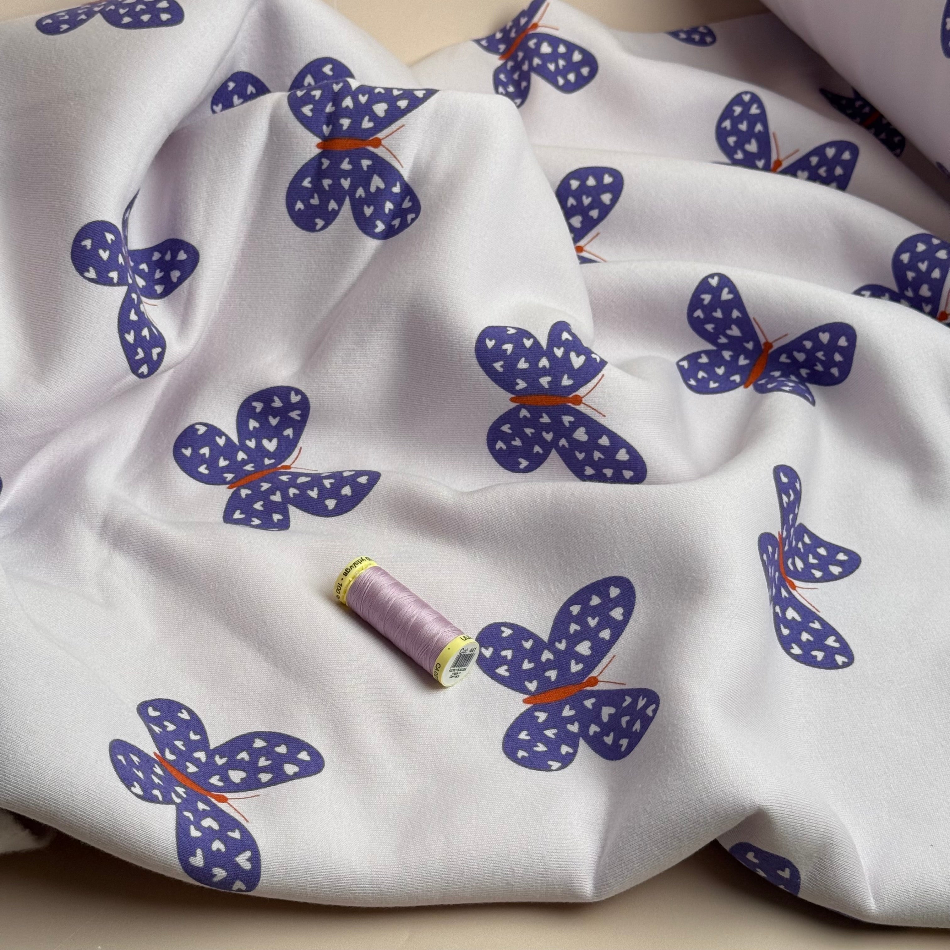 Butterflies on Lilac Soft Cotton Sweat-shirting Fabric