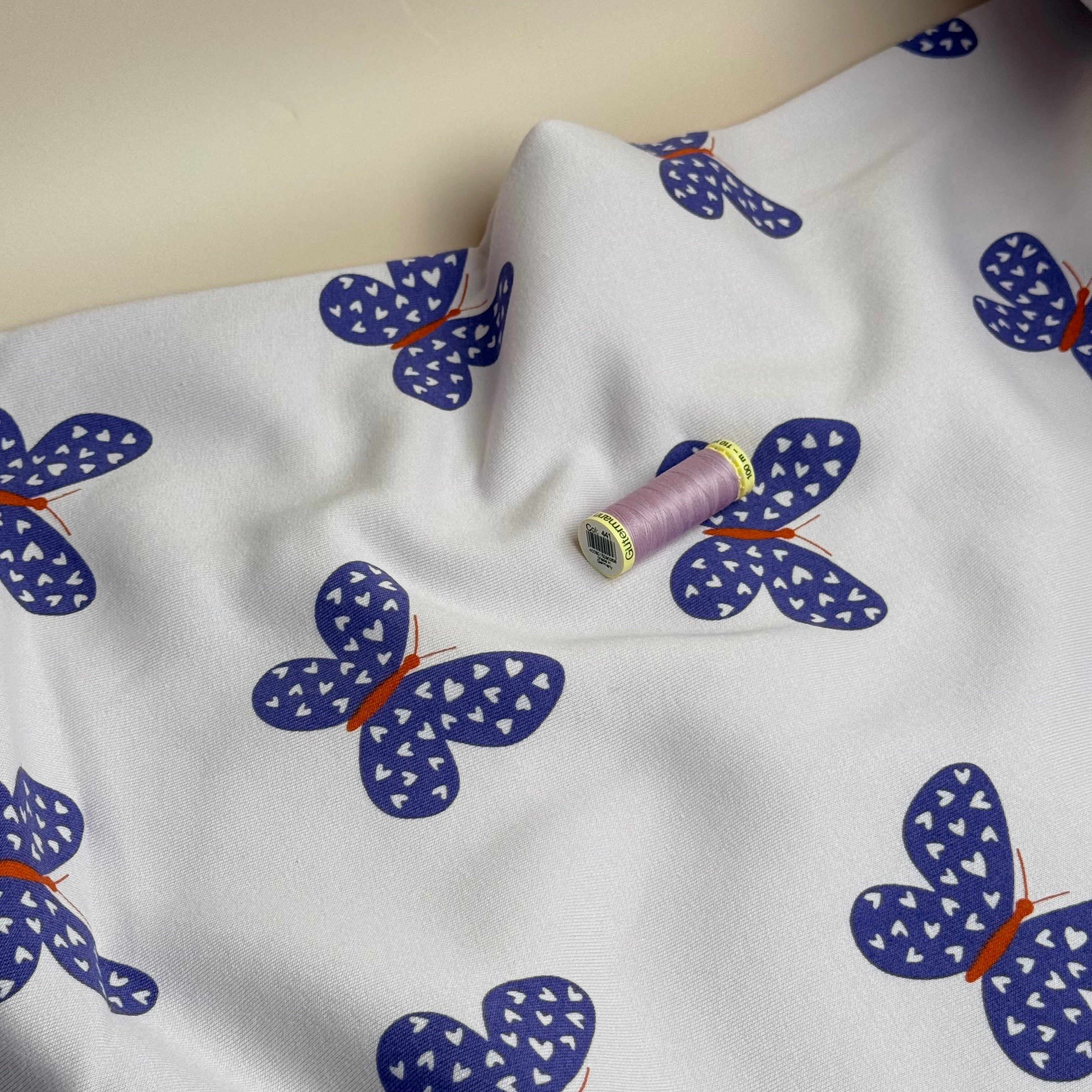 Butterflies on Lilac Soft Cotton Sweat-shirting Fabric