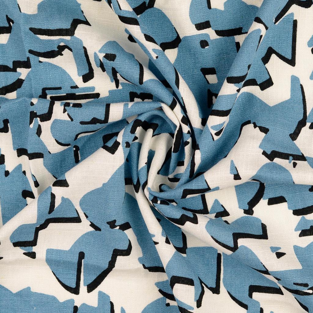 REMNANT 0.37 Metres (with faded patch) - Shapes Blue Linen Viscose Blend Fabric