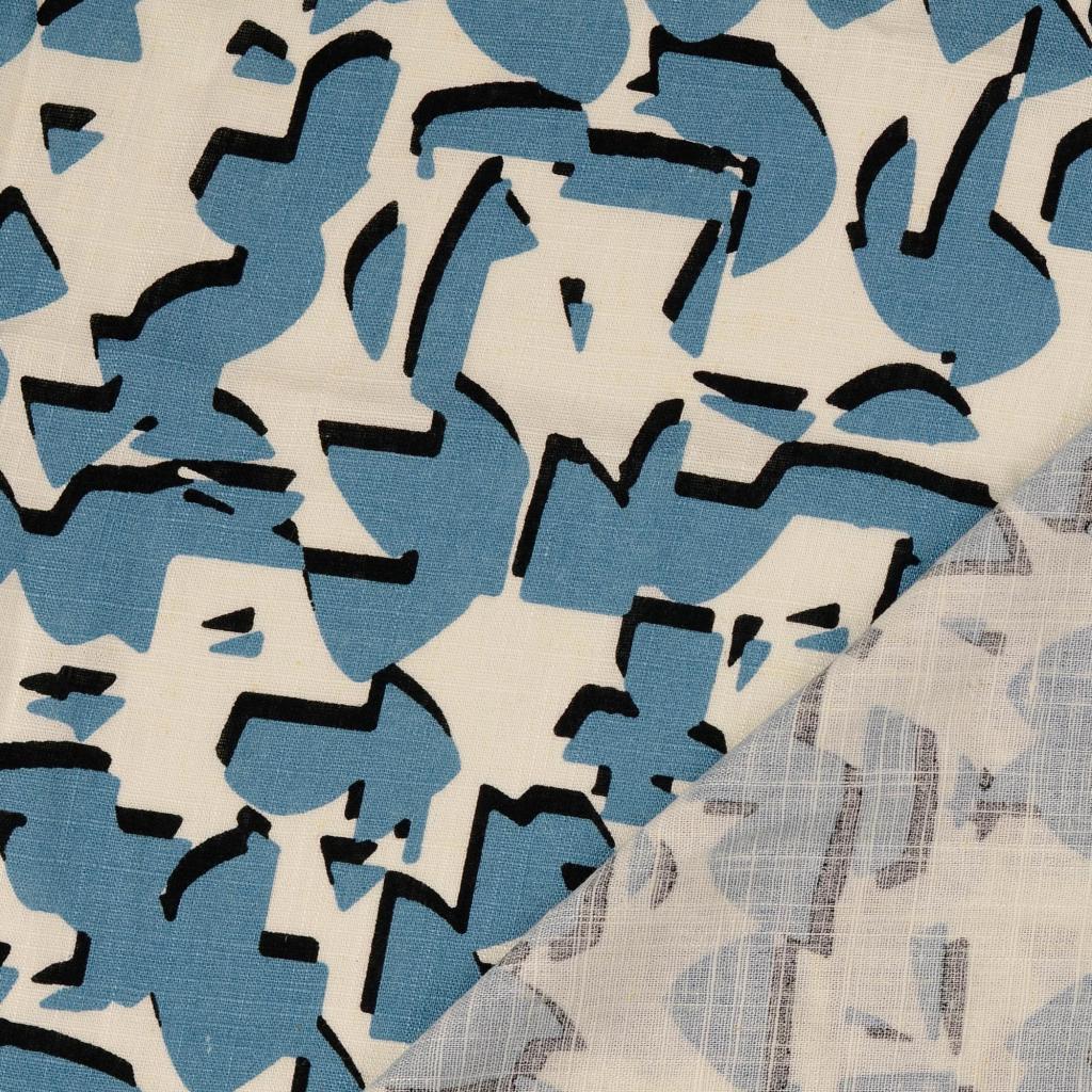 REMNANT 0.37 Metres (with faded patch) - Shapes Blue Linen Viscose Blend Fabric