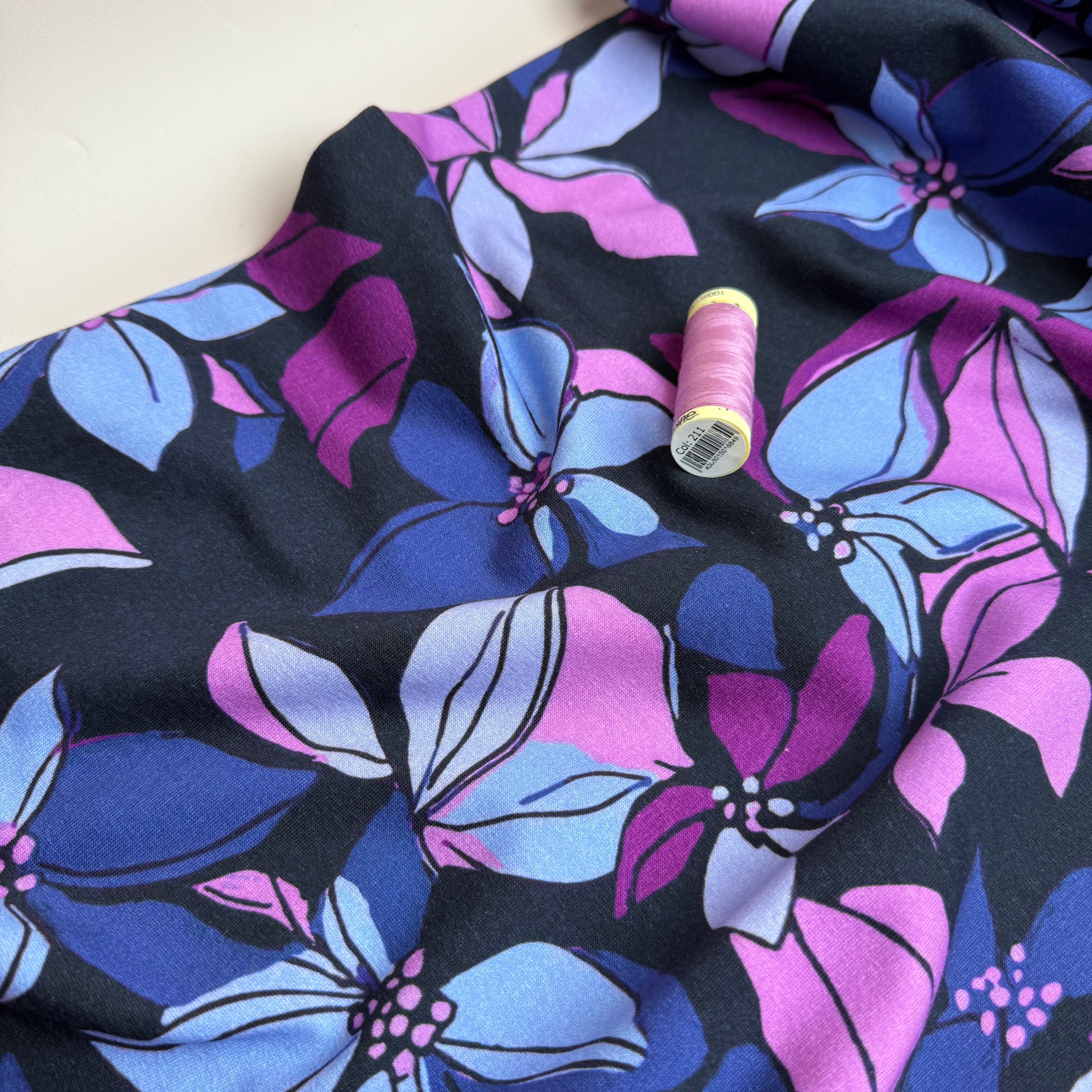 Lilies on Dark Navy Peach Soft Cotton Sweat-shirting Fabric