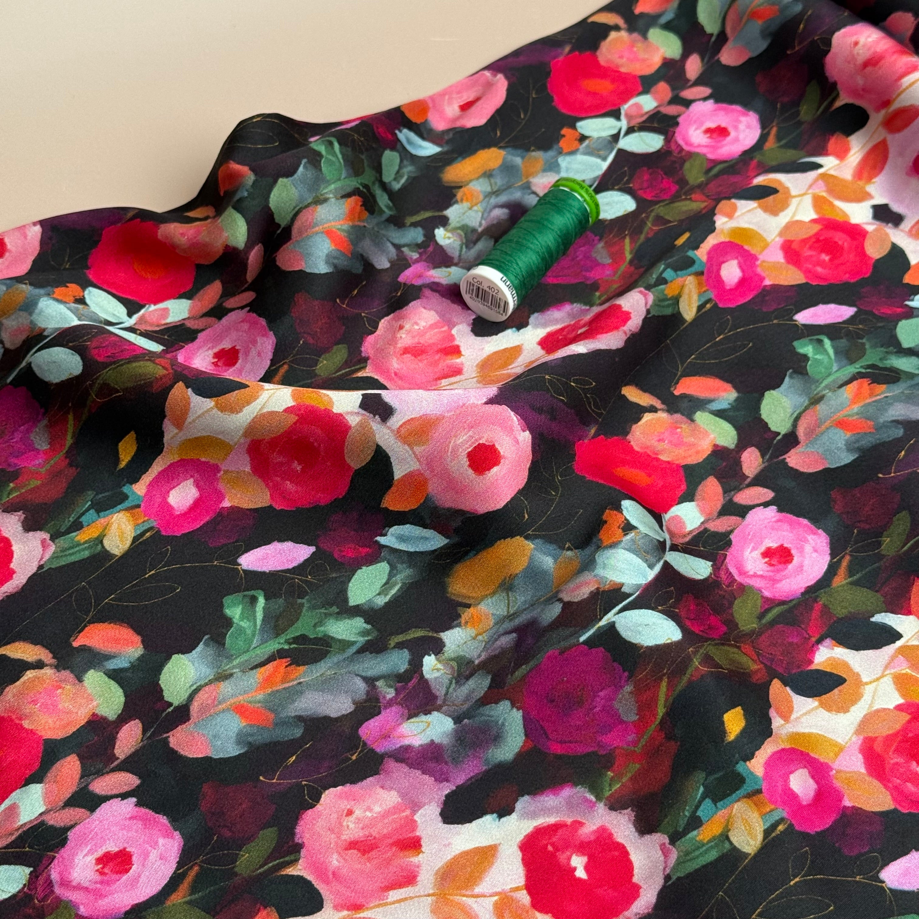 Painted Roses Viscose Sateen Fabric