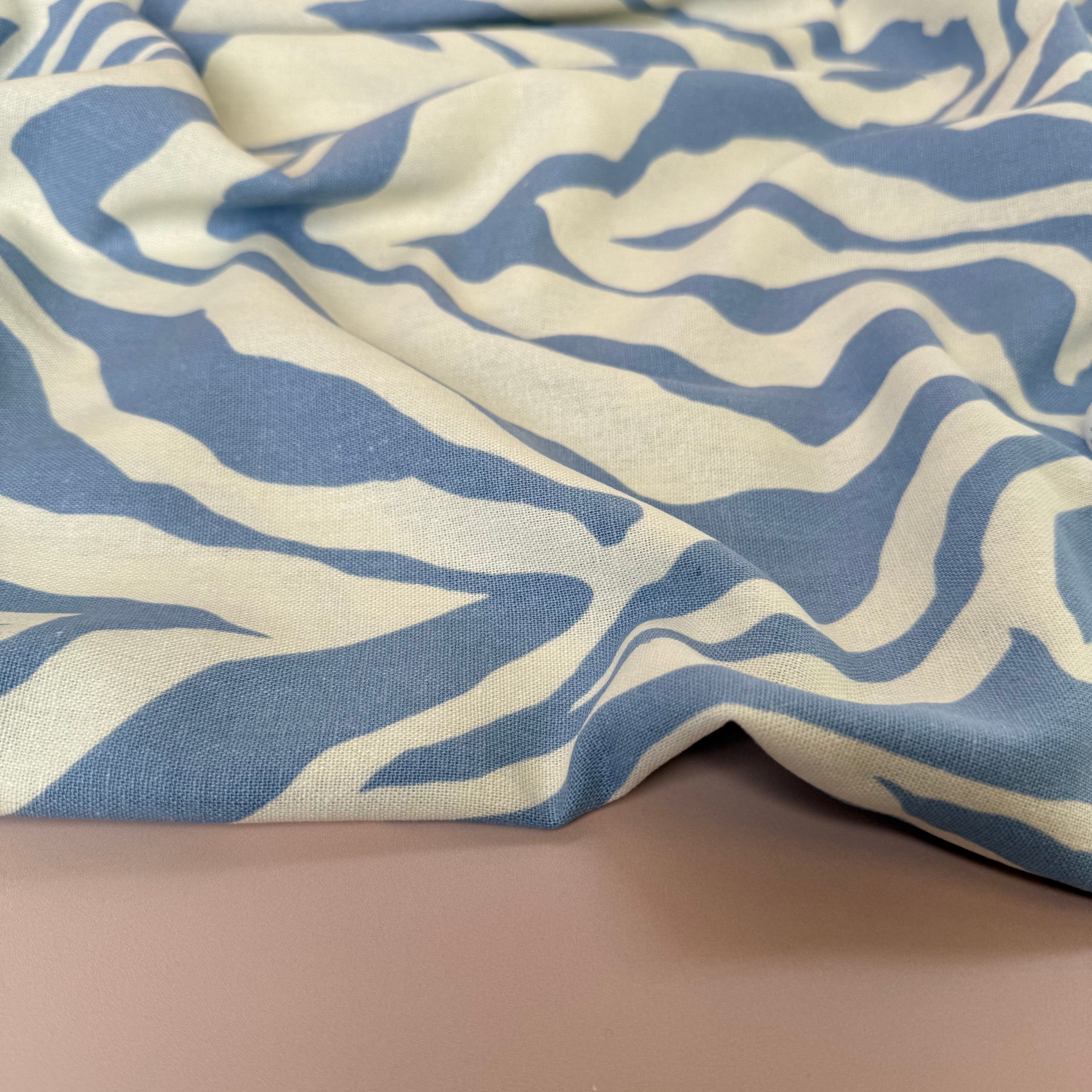 REMNANT 0.45 Metre - Zebra Blue and Off-White Linen Viscose Blend Fabric