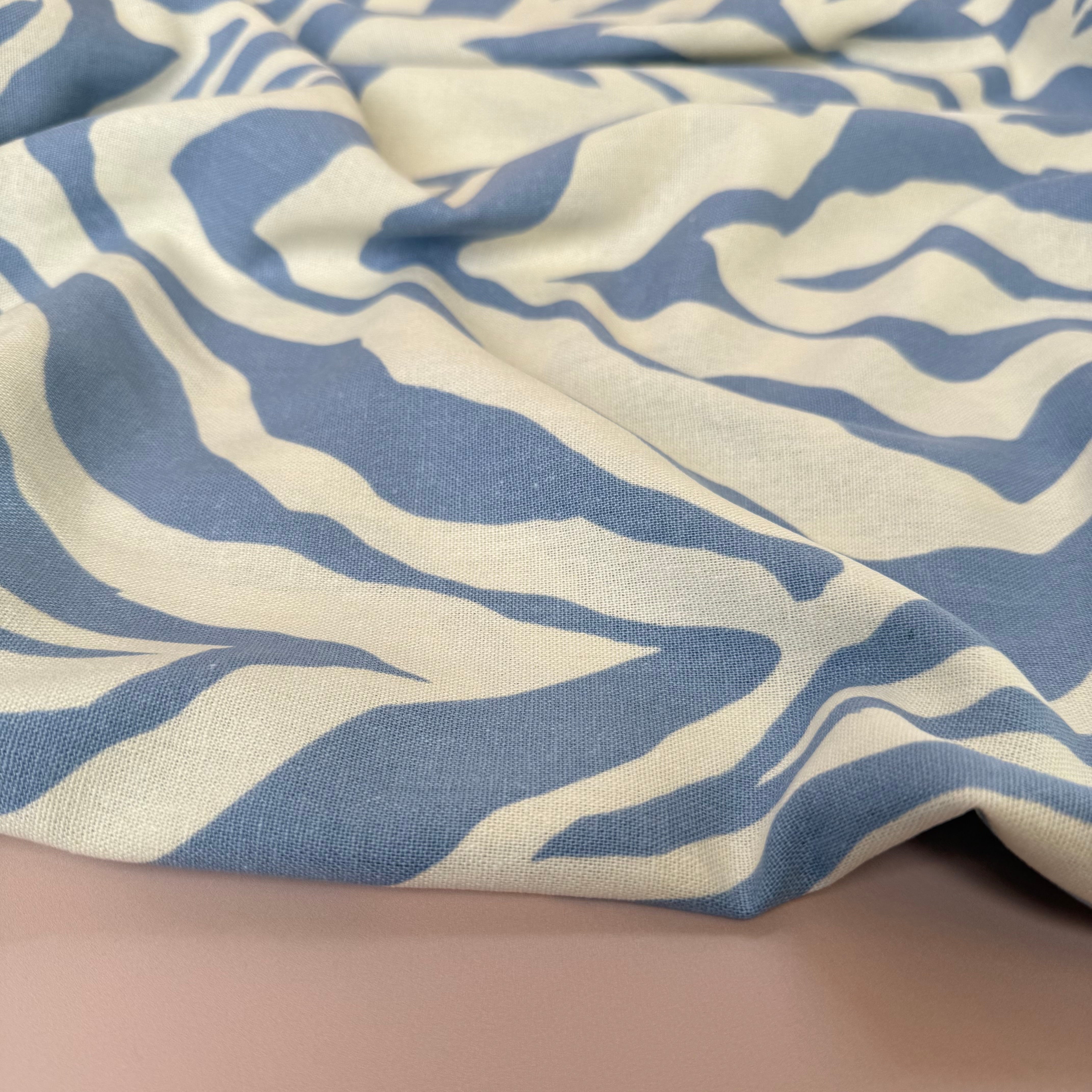 REMNANT 0.45 Metre - Zebra Blue and Off-White Linen Viscose Blend Fabric