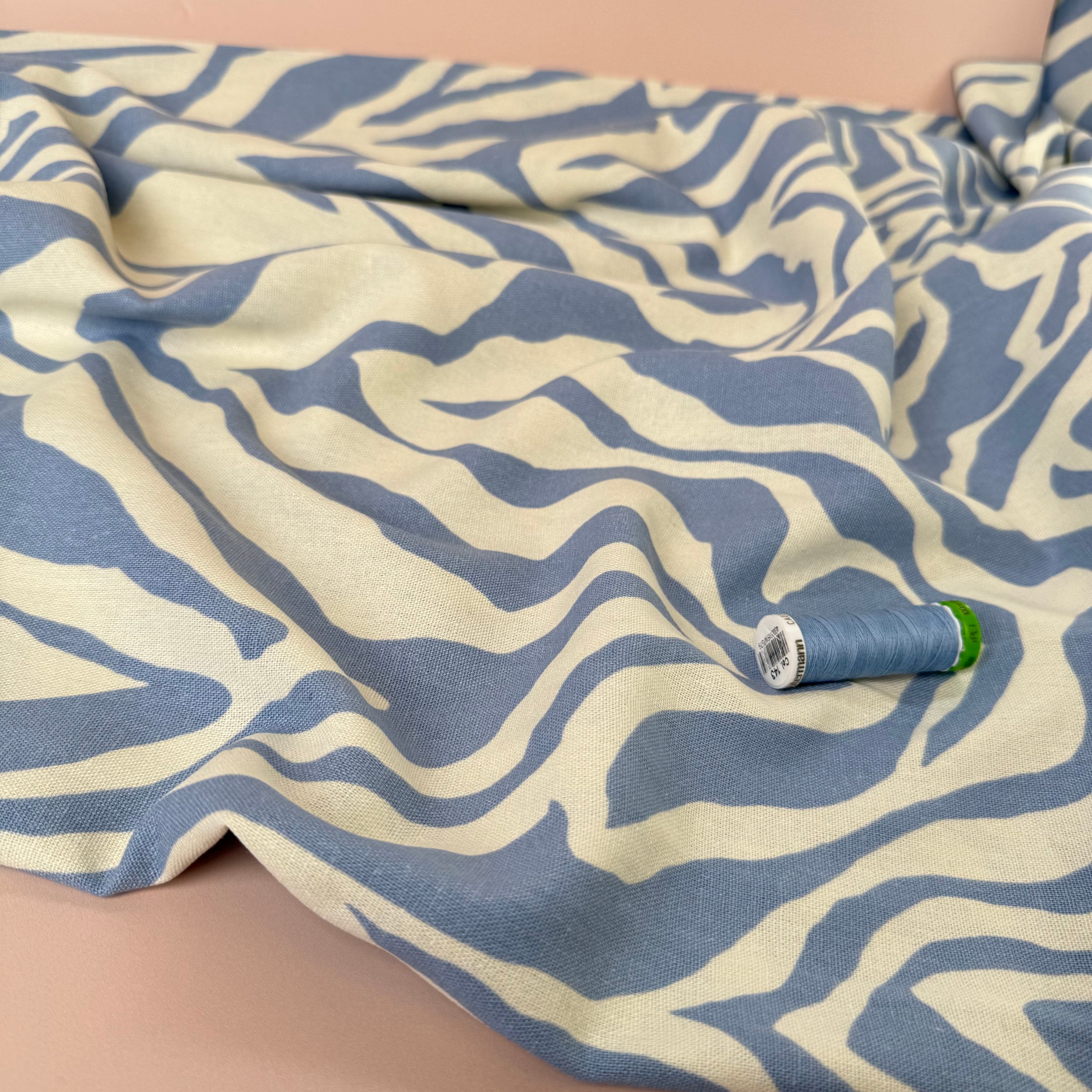 REMNANT 0.45 Metre - Zebra Blue and Off-White Linen Viscose Blend Fabric