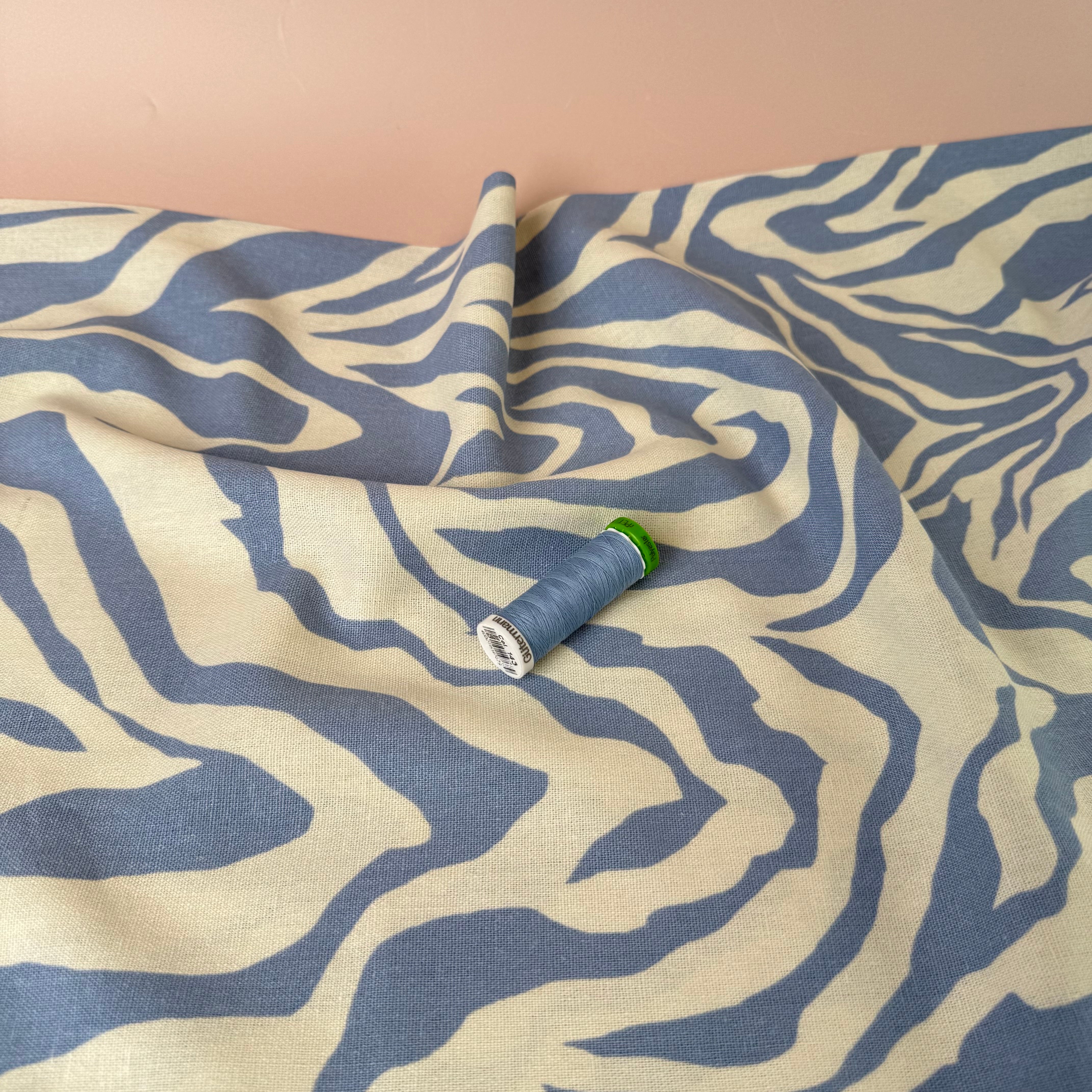REMNANT 0.45 Metre - Zebra Blue and Off-White Linen Viscose Blend Fabric