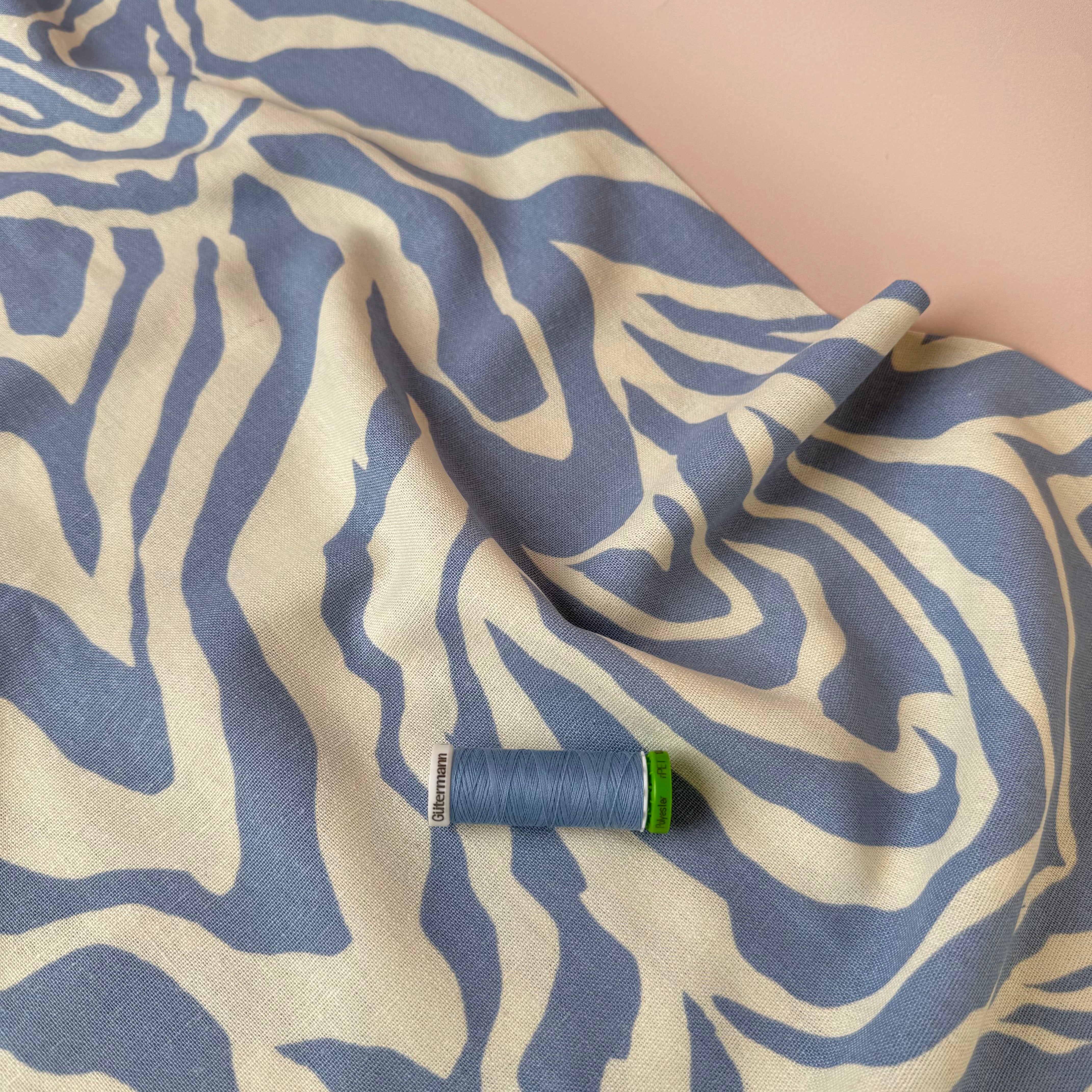 REMNANT 0.45 Metre - Zebra Blue and Off-White Linen Viscose Blend Fabric