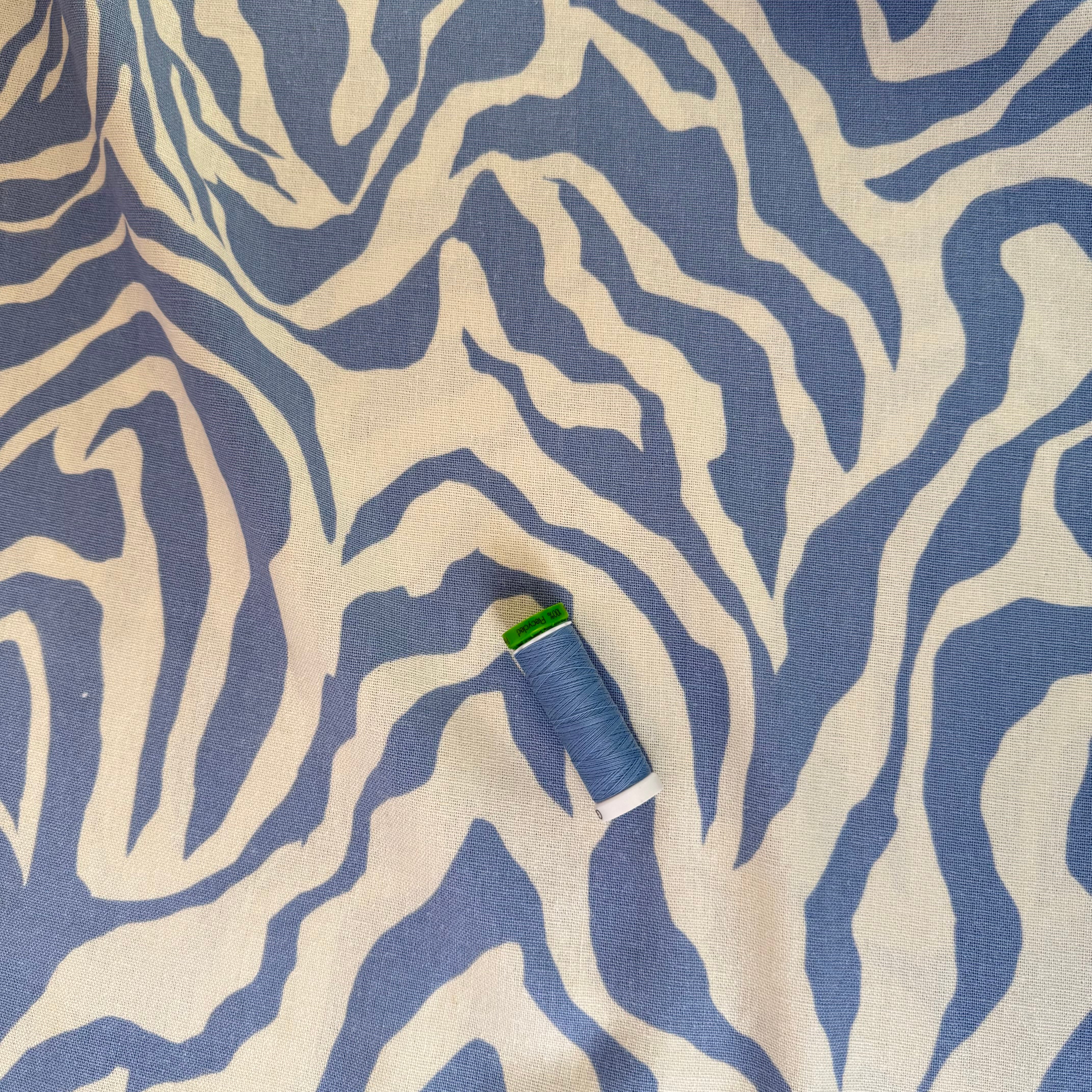 REMNANT 0.45 Metre - Zebra Blue and Off-White Linen Viscose Blend Fabric