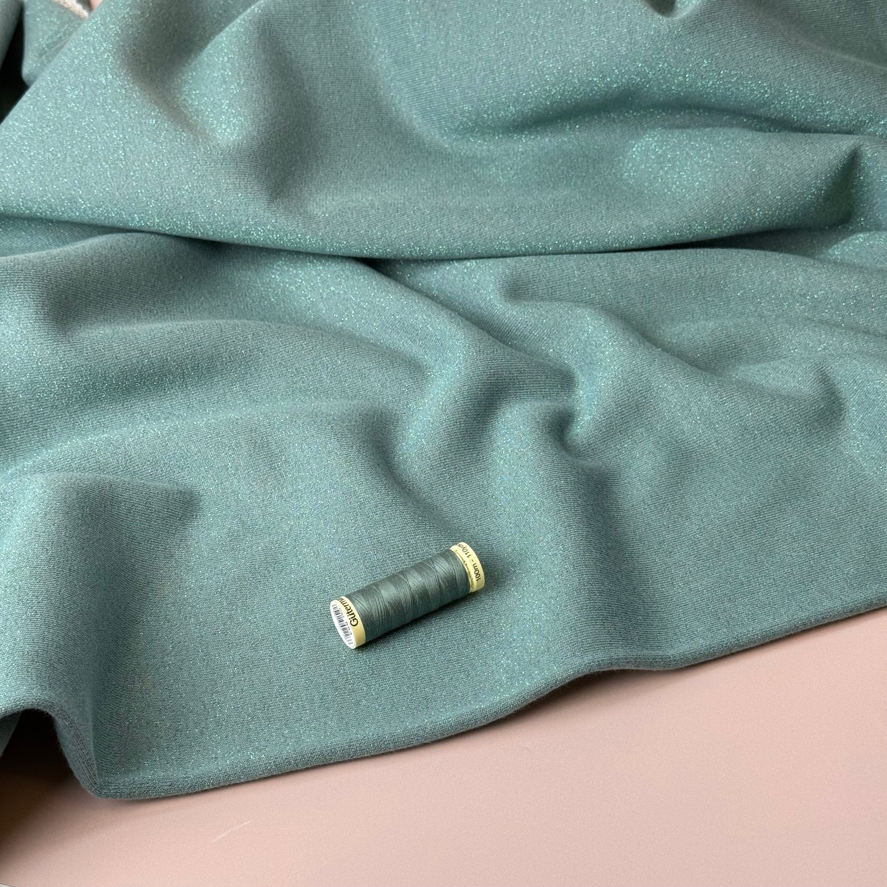 Sparkle Sage Green Cotton Sweat-Shirting with Lurex