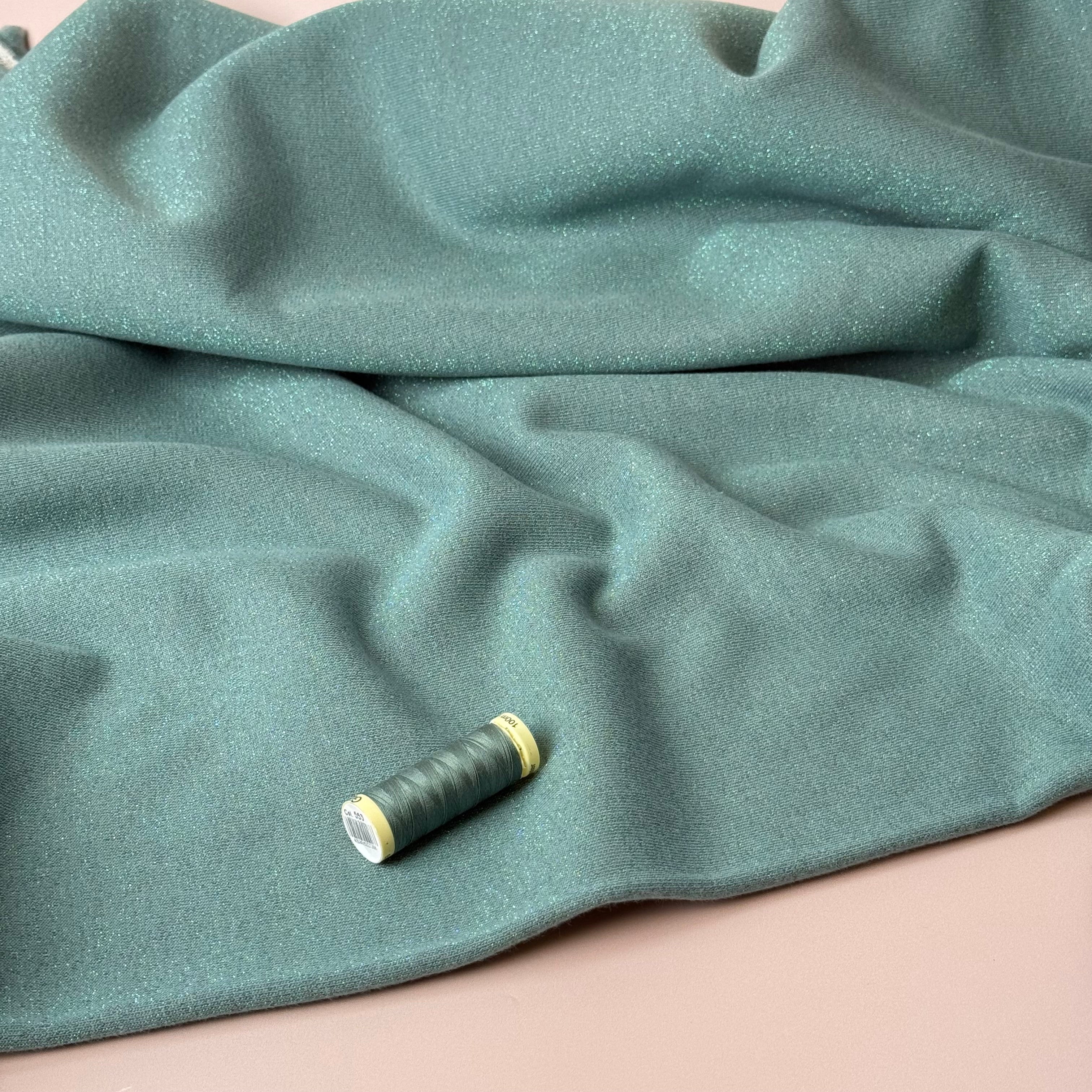 Sparkle Sage Green Cotton Sweat-Shirting with Lurex