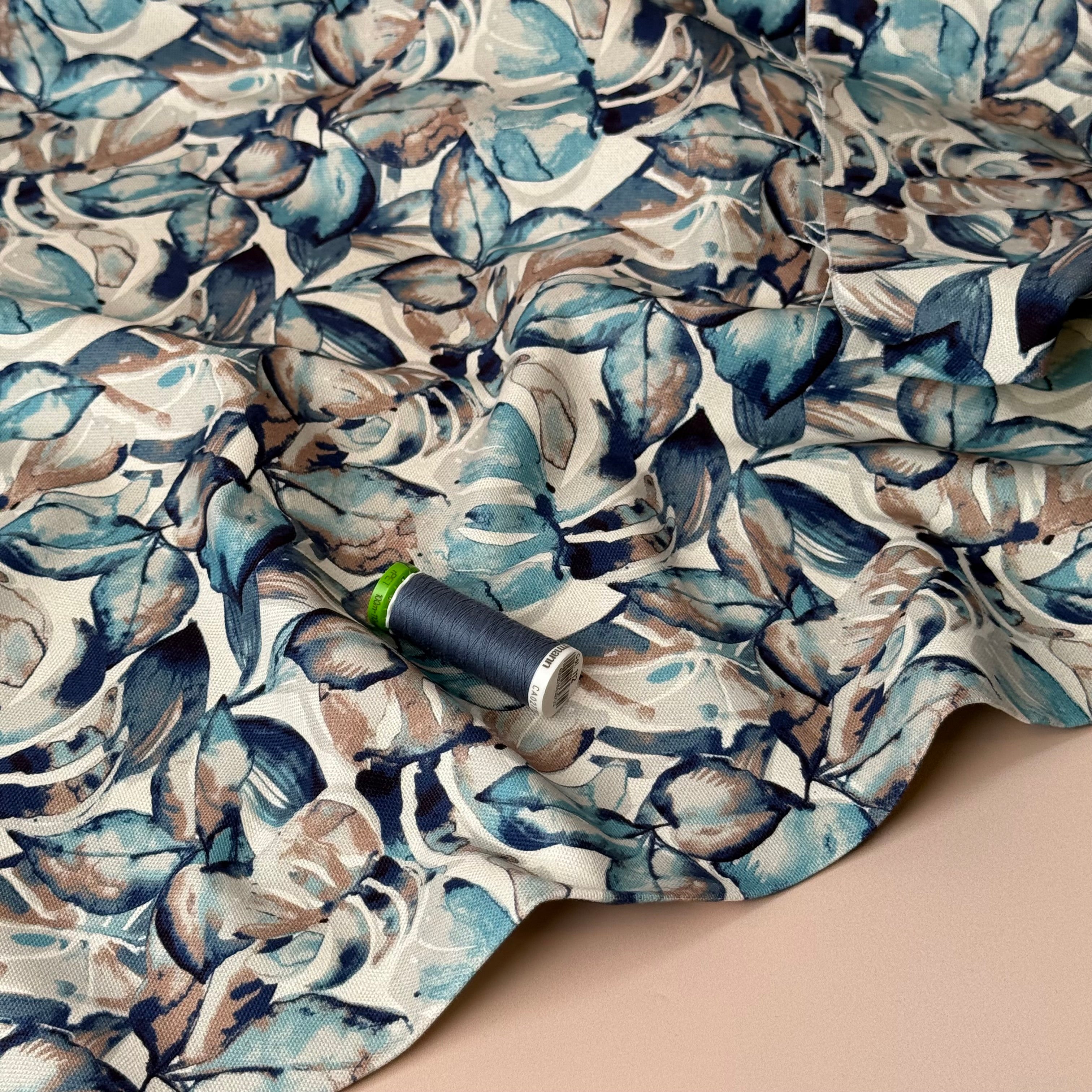 Icy Foliage in Blue Cotton Canvas Fabric