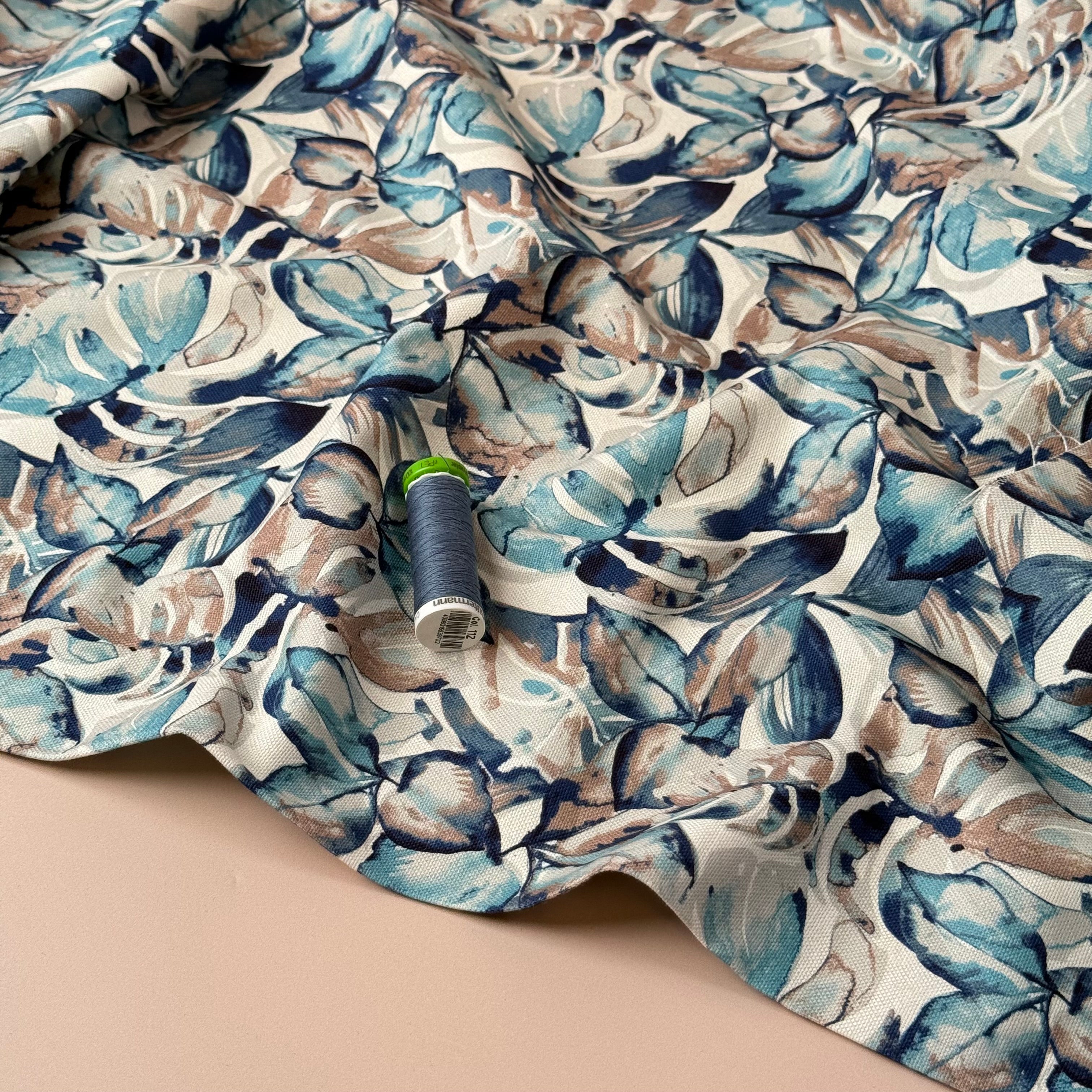 Icy Foliage in Blue Cotton Canvas Fabric