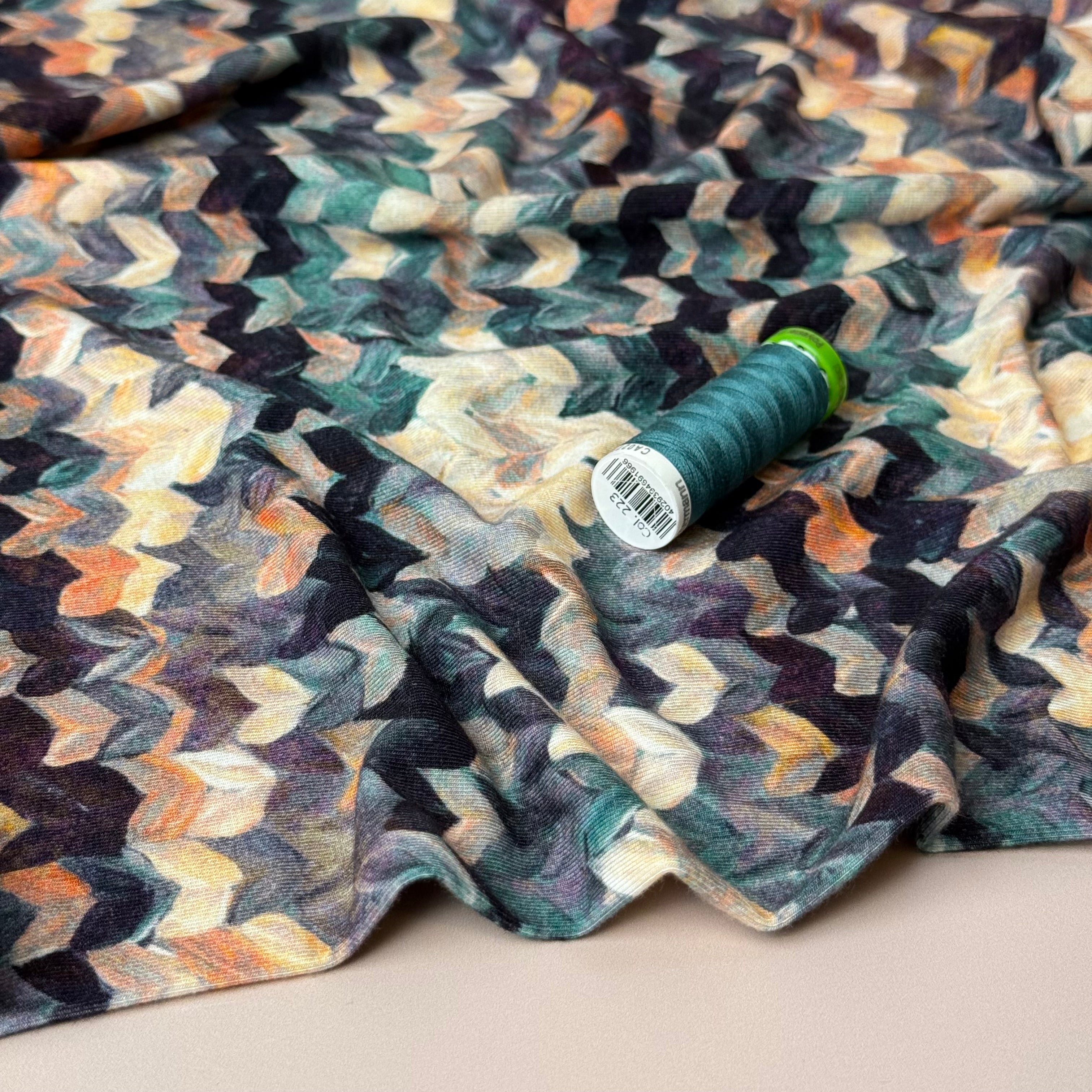 Painted Chevrons Teal Viscose Jersey Fabric