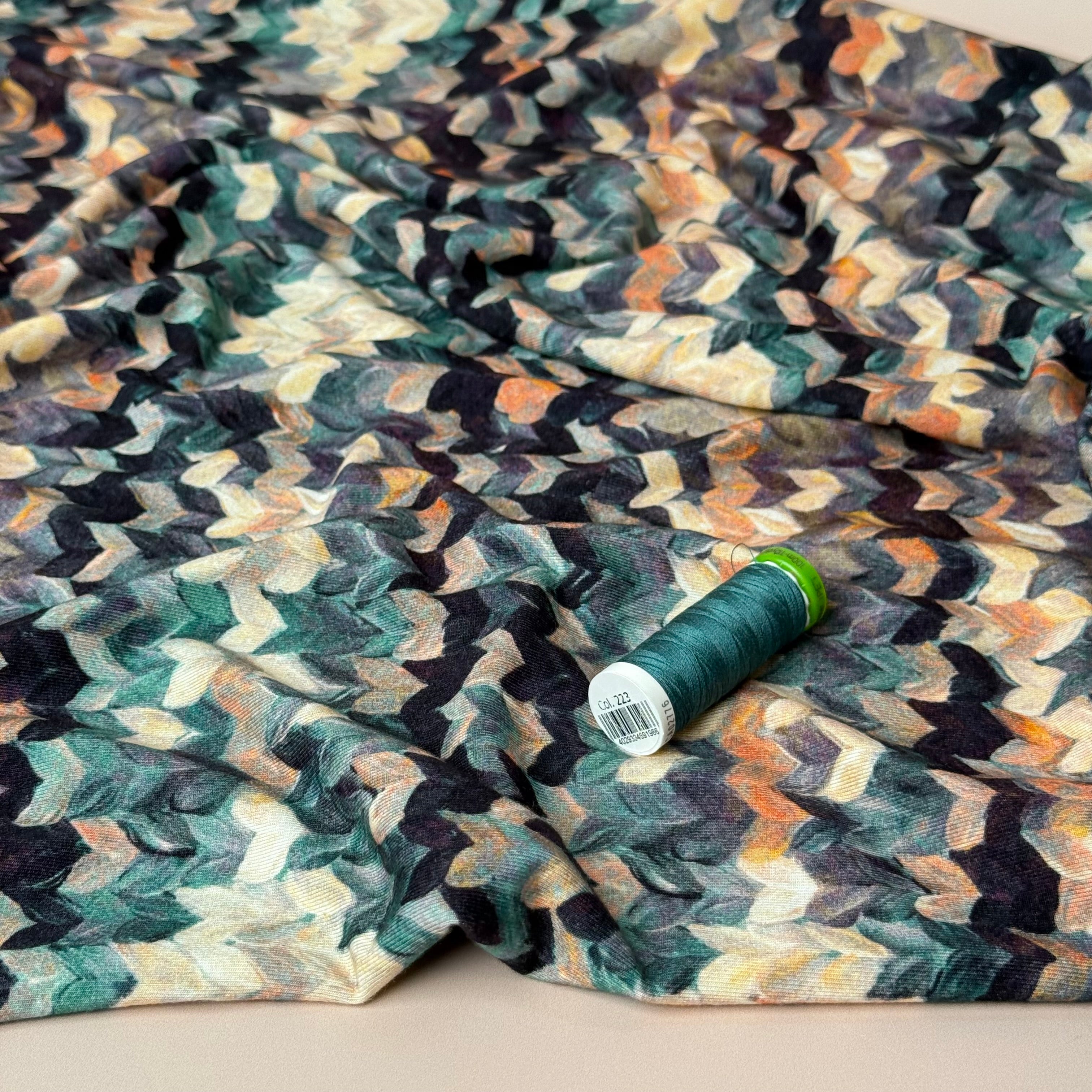 Painted Chevrons Teal Viscose Jersey Fabric